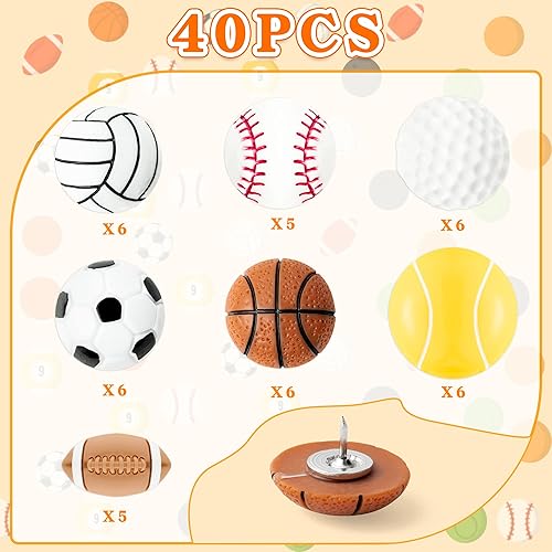 Miniatura 3 de 40 pines creativos de bola deportiva para tablero de corcho, mini alfileres de bola de resina decorativos, paquetes de pulgar de fútbol para tablón