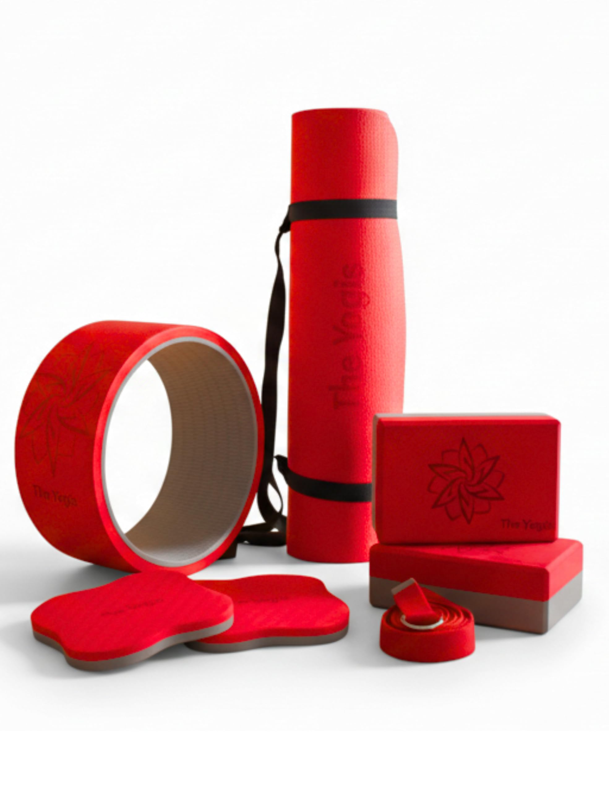 Yoga Kit with Mat, Wheel, Blocks, Knee Pads and Belt, Green, 6 ft x 2 ft Mat, 6 mm Thick, Complete Set for Home and Studio (Red+Grey)