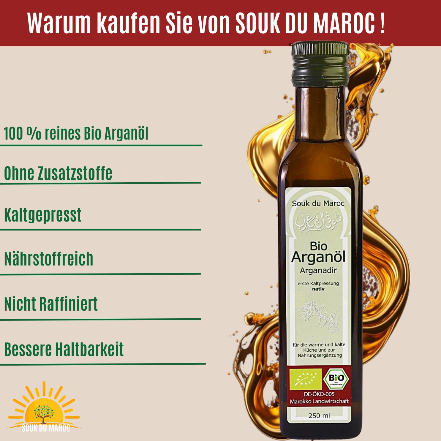 Aceite de argán orgánico Aceite comestible Arganadir prensado en frío nativo de Marruecos, 250 ml ✔ 100% vegano puro ✔ para cocina, ensaladas y suplementos nutricionales