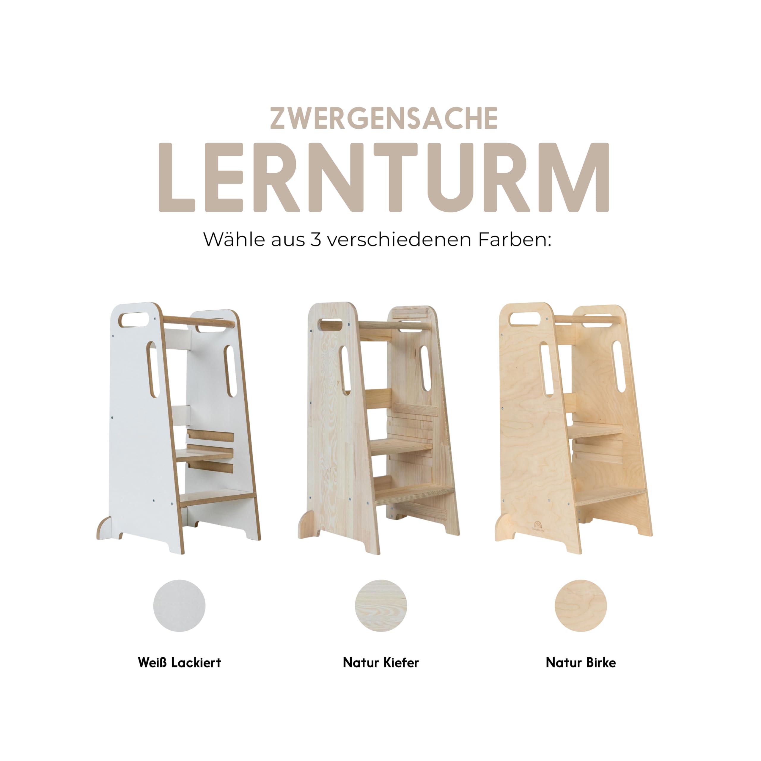 Lernturm ab 1 Jahr – Höhenverstellbar ohne Werkzeug – Vollholz Natur Kiefer - Kinder-Küchenhelfer, Lernturm aus Holz – kippsicher & stabil – fördert Selbstständigkeit - 1 bis 5 Jahre