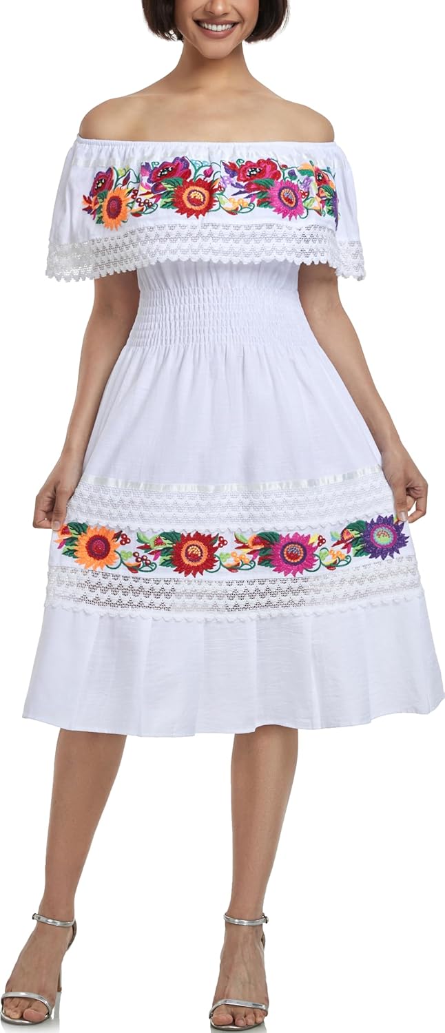 YZXDORWJ Mexican Dress for Women Embroidered Traditional Boho Theme Fiesta Floral Lace Off-Shoulder Ruffle Party Dress
