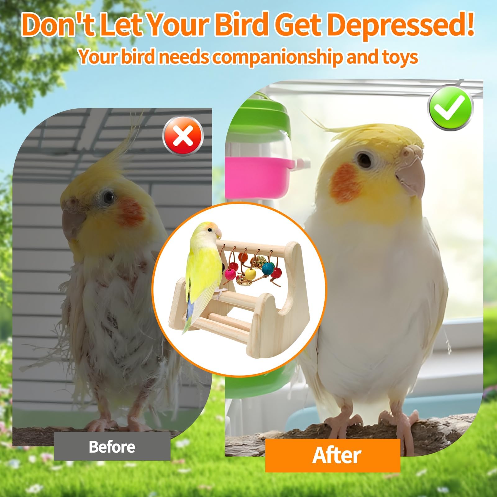 Bird Toys for Parakeets, Bird Perch Toy, Interactive Rocking Parakeet Toys, Enrichment Cockatiel Toy, Wooden Stand for Parakeets Cockatiels Lovebirds Conures Budgies (Interactive Cradle) - image 3