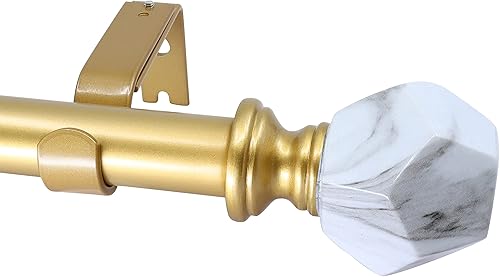 MERIVILLE Barra de cortina telescópica de doble ventana de 1 pulgada de diámetro, 72 a 144 pulgadas, barra dorada con acabado de mármol blanco Varo