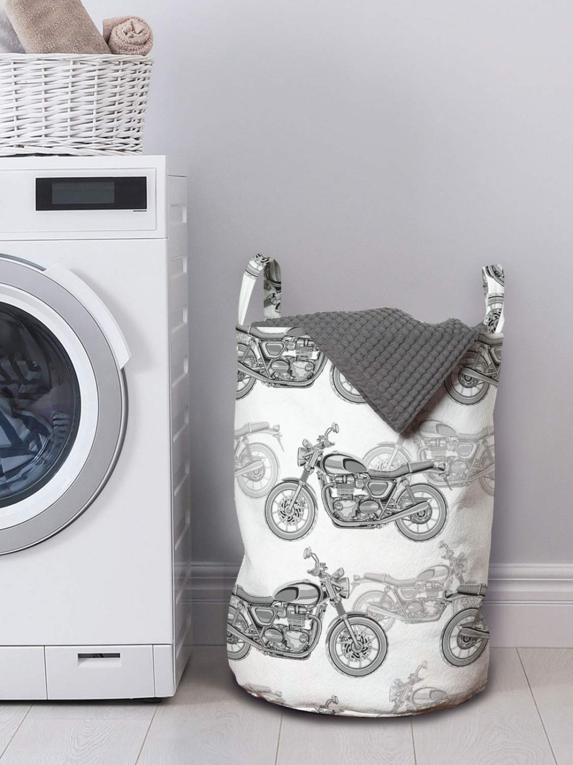 Ambesonne Motorcycle Laundry Bag, Realistic Grayscale Illustration of Classic Motorcycles Many Details, Hamper Basket with Handles Drawstring Closure for Laundromats, 13