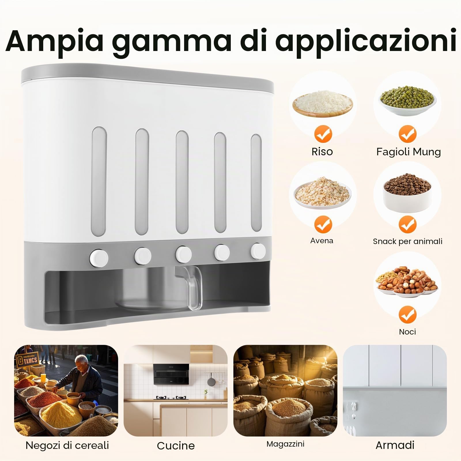 Dispenser per cereali da 10 l, in plastica, 5 griglie, con coperchio, contenitore per alimenti, contenitore con misurino