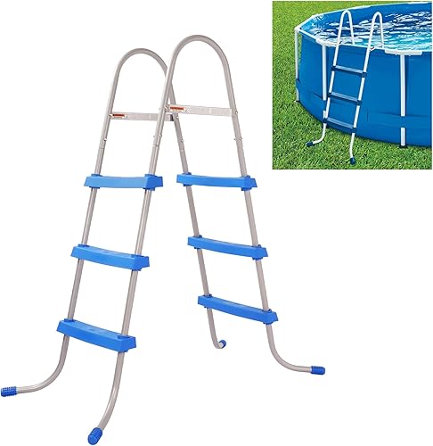 Escalera de acero para piscina de 36 pulgadas, resistente sobre el suelo, con 3 escalones extraíbles de plástico, antideslizante, color azul, para