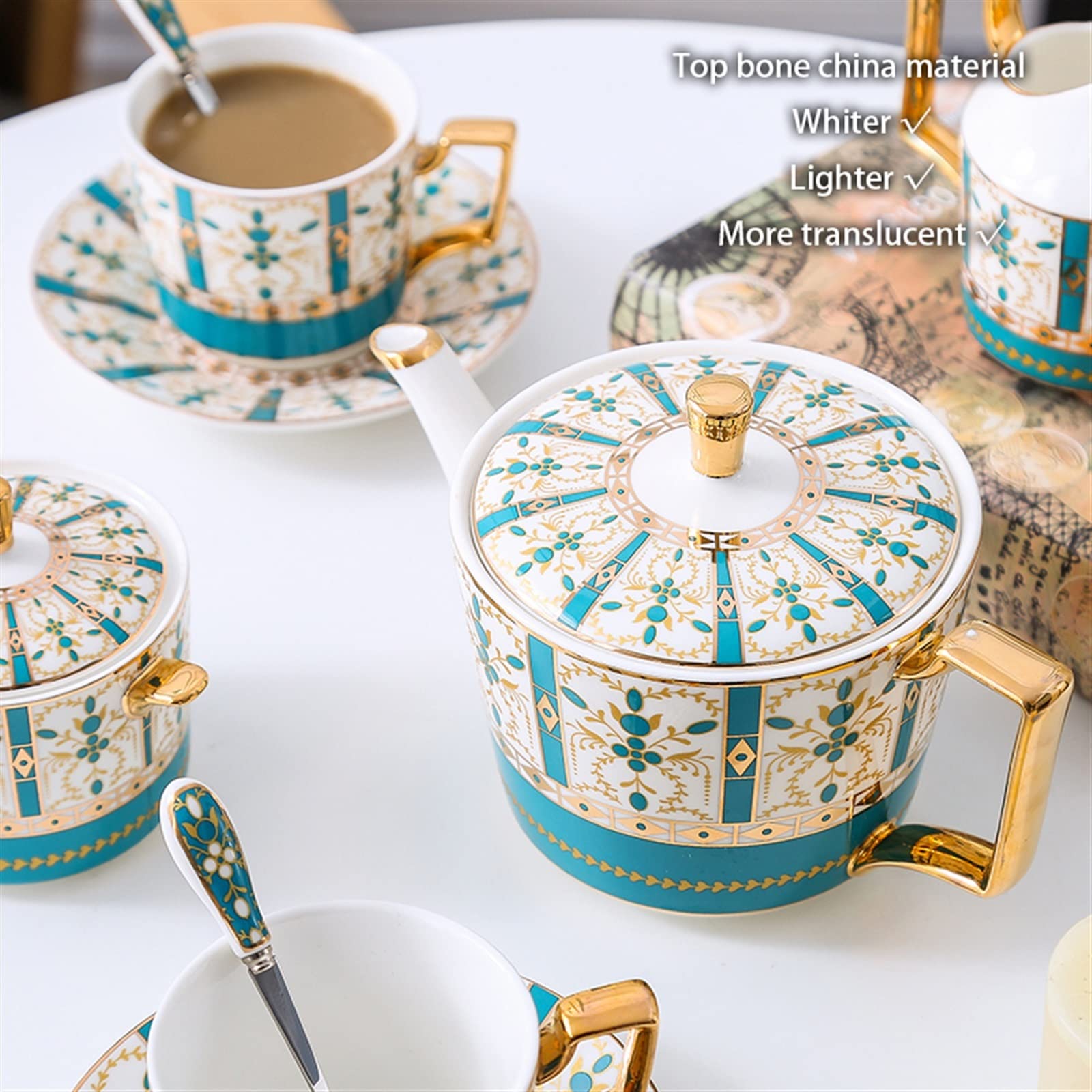 Luxus Gold Bone China Kaffee Set Nordic Porzellan Tee-Set Topf Tasse Keramik Becher Zucker Schüssel Creamer Teekanne Milch Krug Coffeeware (Color : 17pcs Set)