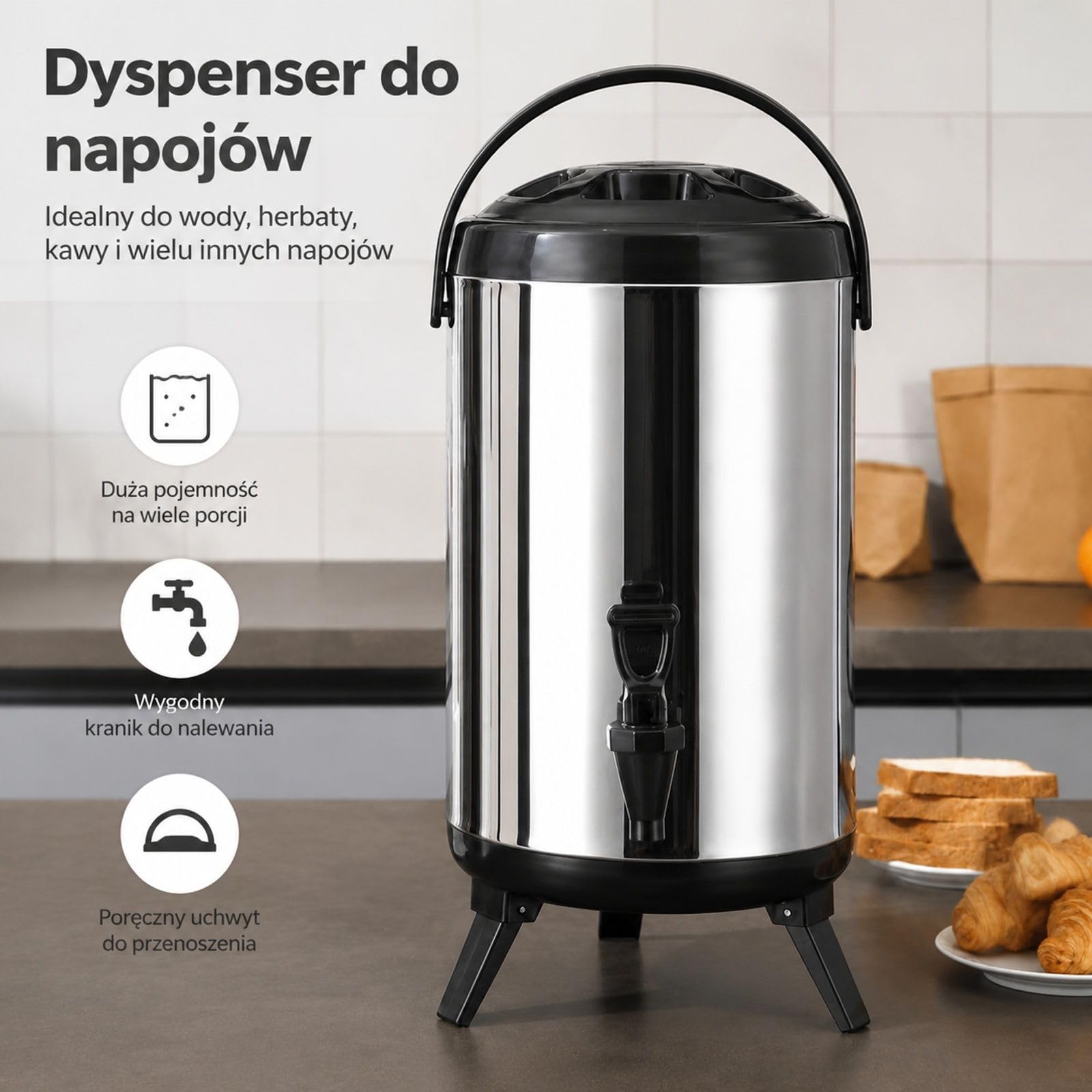 Dystrybutor napojów gorących i zimnych 9,2 l, stal nierdzewna, duży dystrybutor napojów z kranem i uchwytem do przenoszenia, do kawy, wody, soku, termos do kawiarni i barów