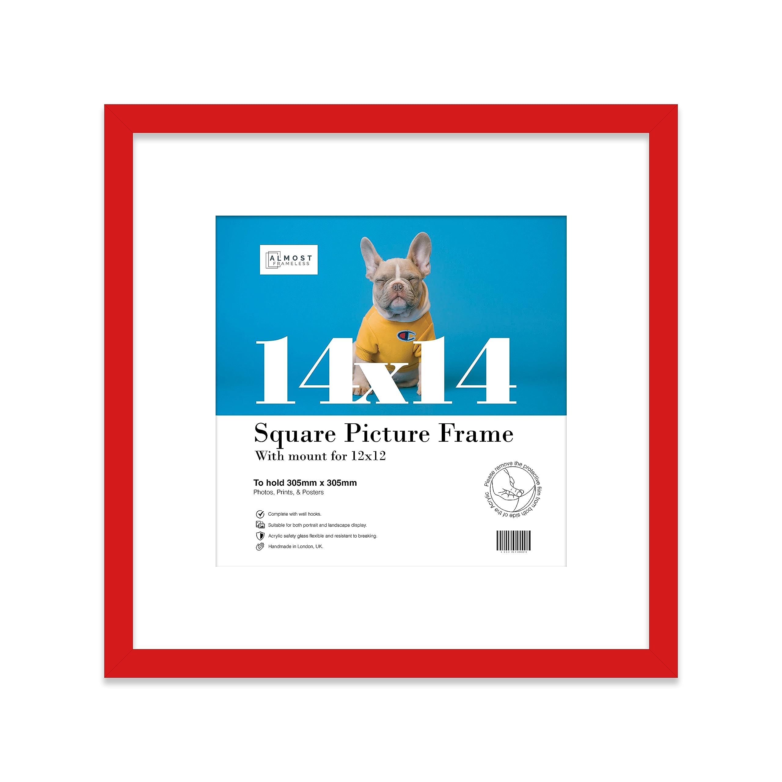 Almost Frameless Red 14X14 Picture Frame With Mount For 12X12 Photos, Prints - Modern Square Wall Frame, 1 Pack
