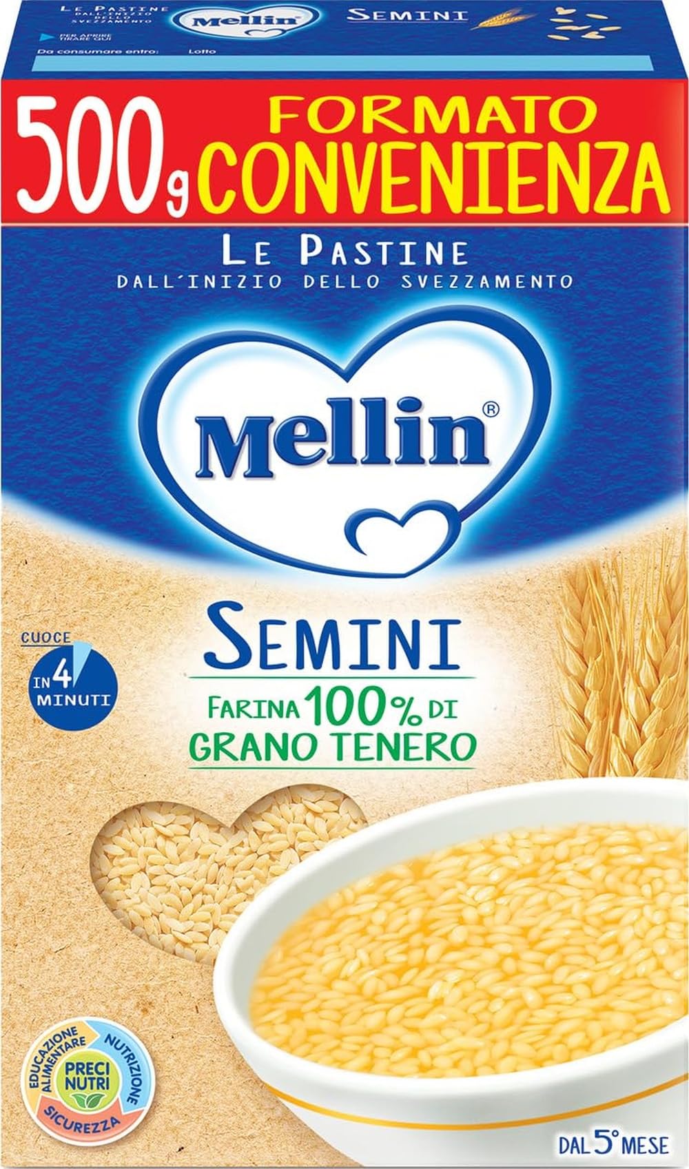 Mellin Pastina Semini, Con Farina di Grano Tenero e Vitamina B1, 500g | Per Bambini dal 5° Mese Compiuto