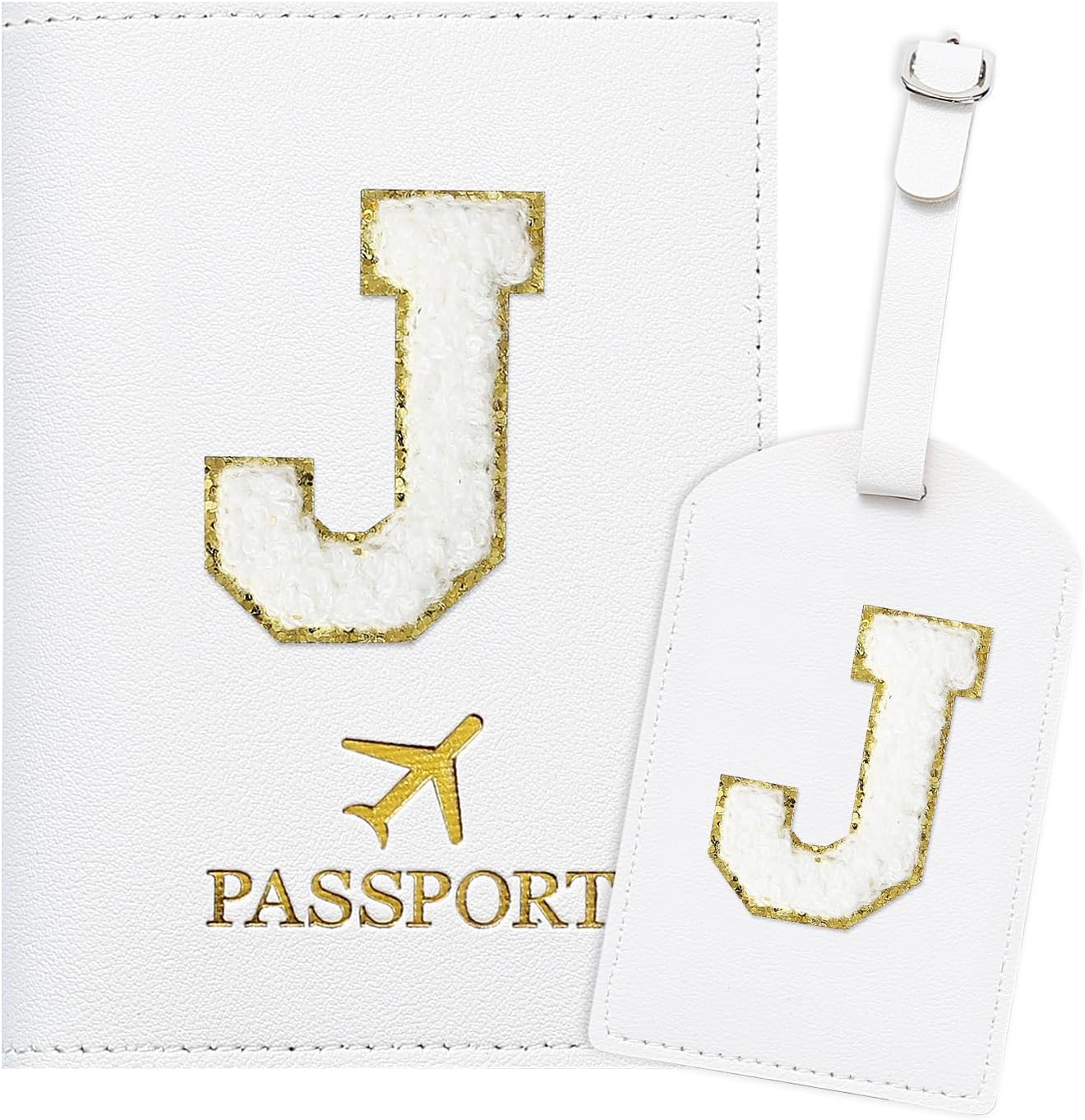 ZVRSUA Protege Passeport Blanc et Etiquette Valise Costume，Pochette Passeport avec Lettre, Cuir PU, Cadeaux Femme Voyage Accessoires, Très Mignons, Adaptés aux Femmes, Adolescentes, Filles（J)