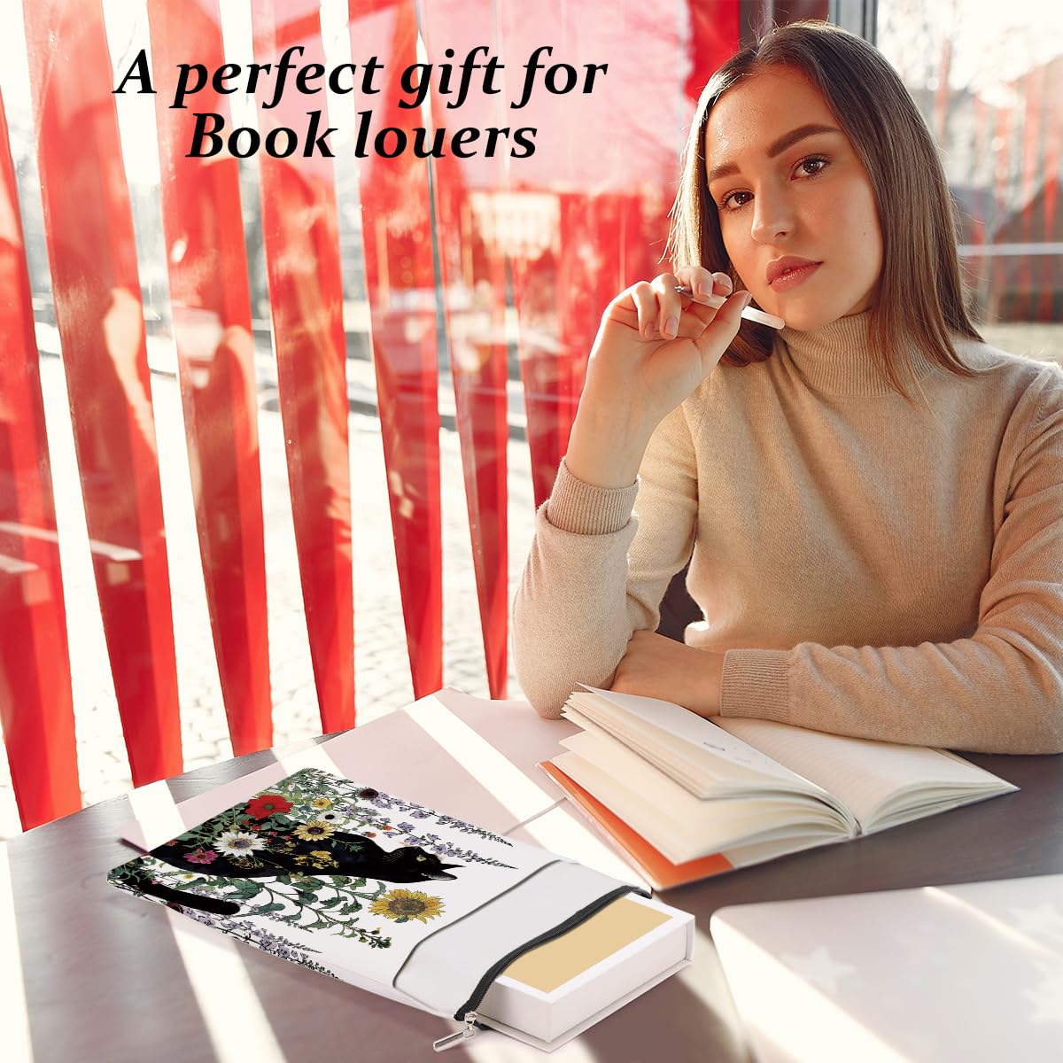 Funda floral para libros de gatos, regalos para amantes de los libros, regalos para gatos, protector de libro con cremallera y bolsillo frontal, accesorios para libros, regalos para amantes de los
