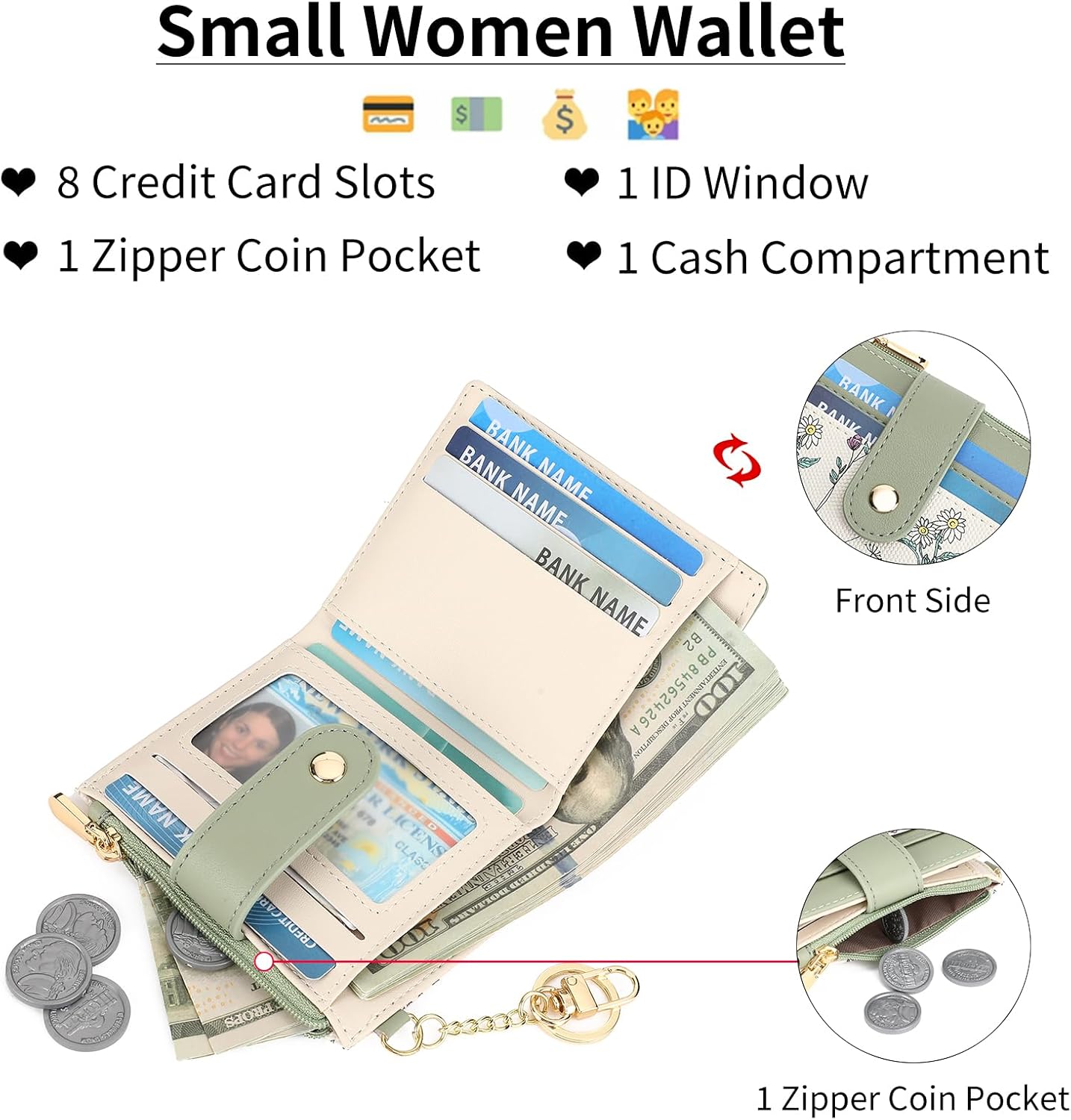 GAEKEAO Small Wallet for Women RFID Blocking Slim Bifold Floral Leather Card Holder with Zipper Pocket ID Window - Image 3