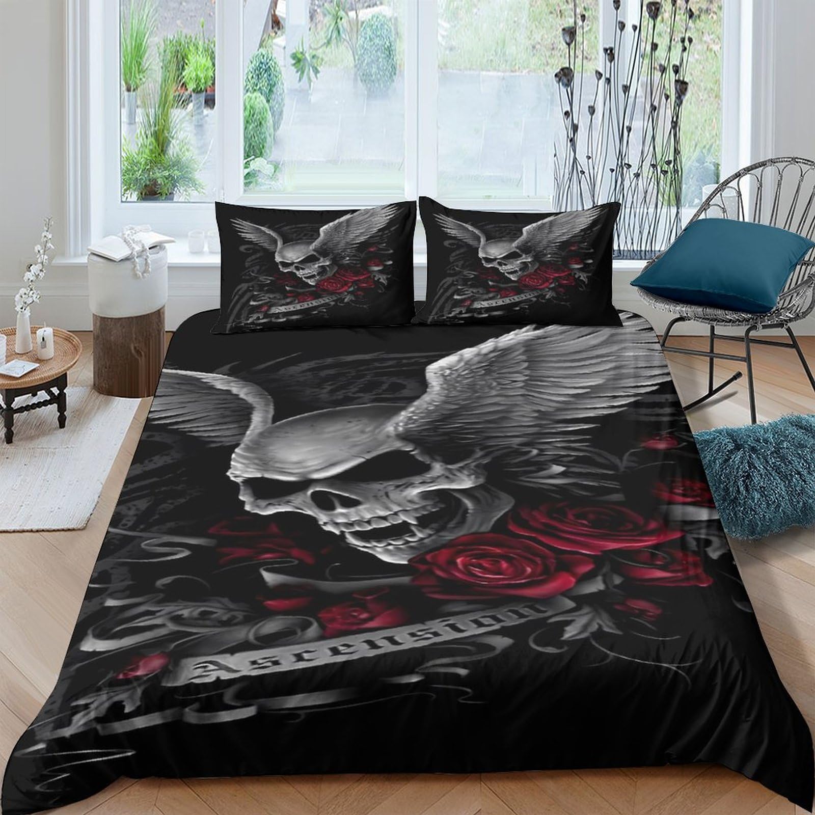 Ctjqhvkz Style-9 3D Printed Skull Rose Fitted Sheet Microfiber Black Gothic Wing Bed Cover For Bedroom Dorm Mattress Decor Single（135X200cm）