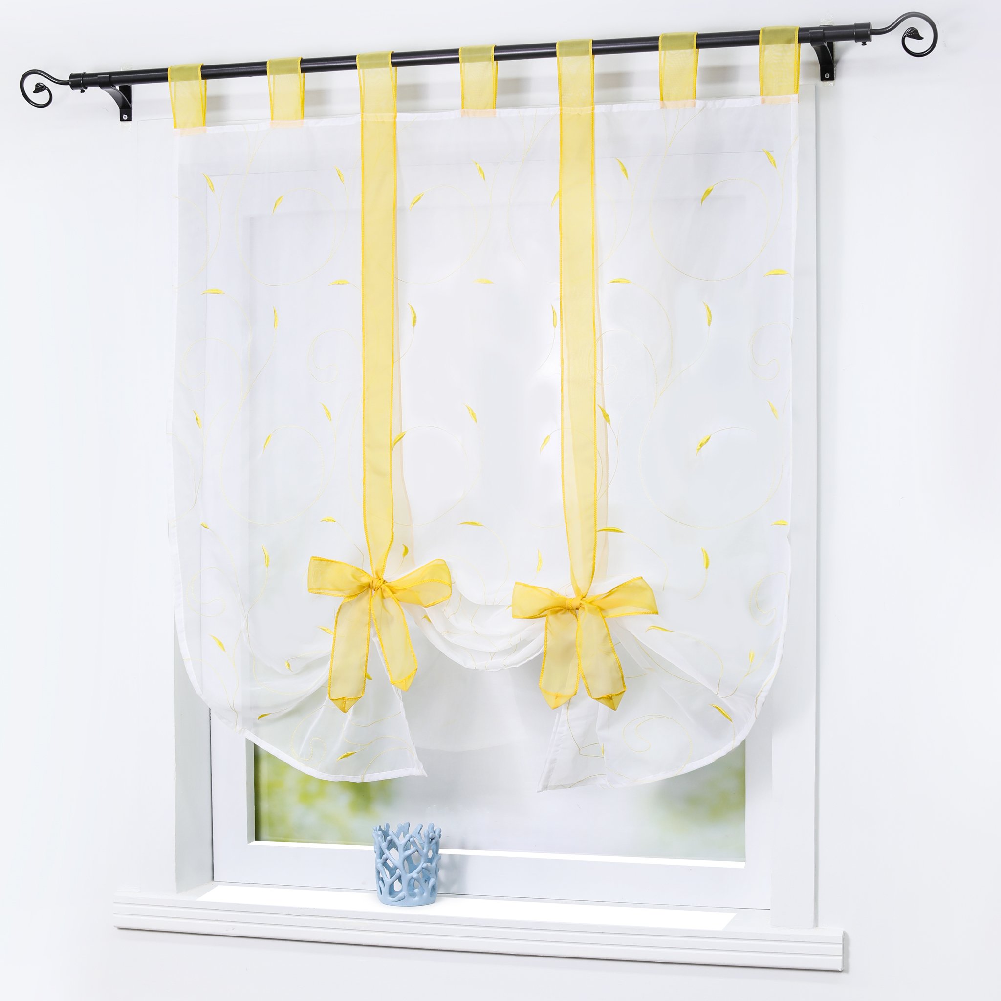 Joyswahl Elena Roman Blind Voile Transparent Roman Curtain Embroidery Leaves Curtain W x H 60 x 140 cm Yellow Pack of 1