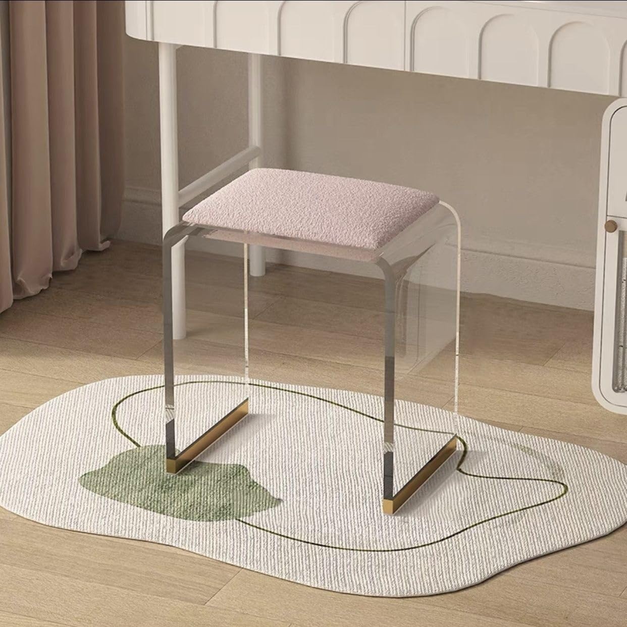 Stool, Transparent Acrylic Stool with Cushion Vanity Chair Small Ottoman Makeup Dining Room Foot Rest for Couch Living Bedroom(Pink,Large)