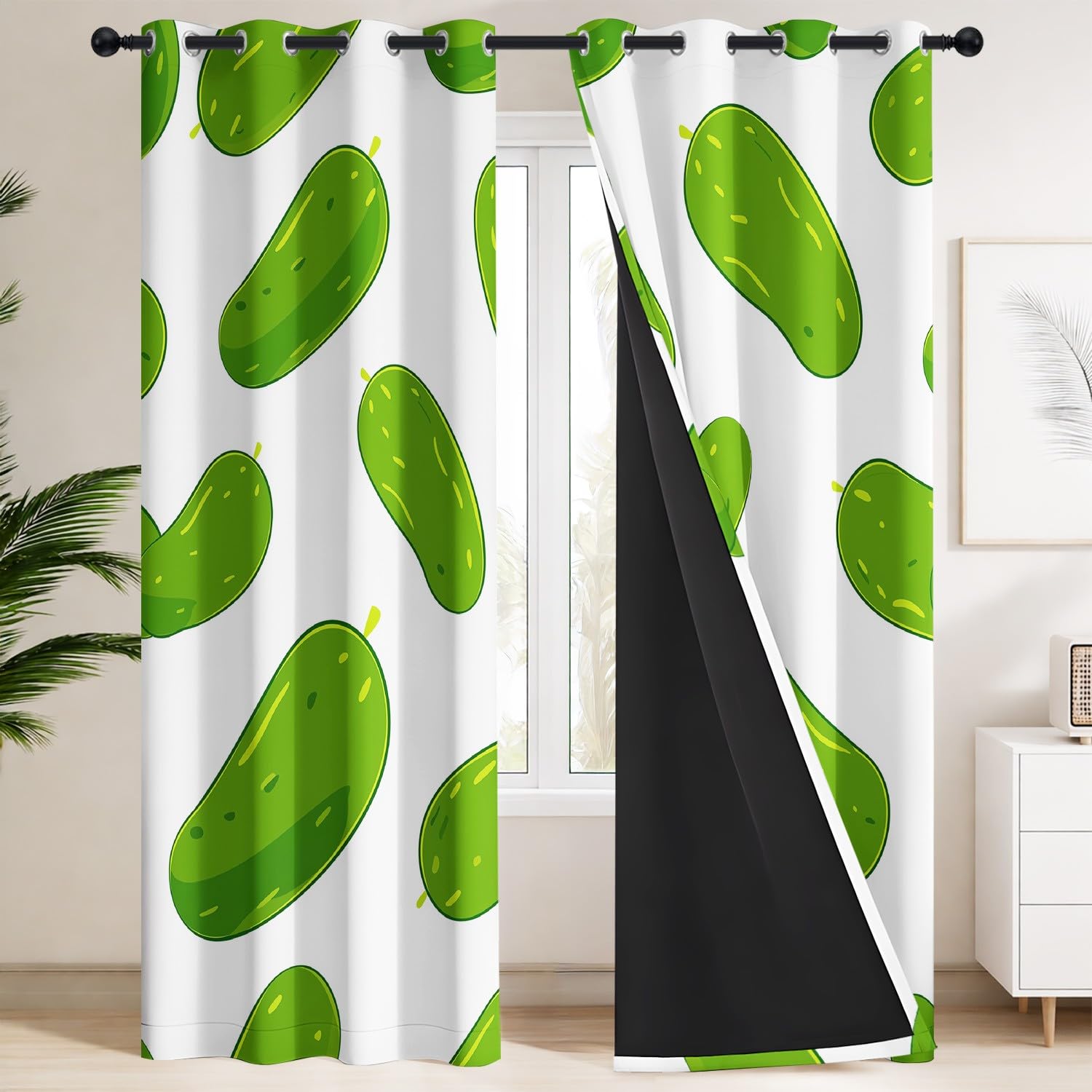 Generisch Minimalistische Pop-Art Vorhänge Blickdicht & Verdunkelung, 2er Set B 140 x H 260 cm, Lustige Grüne Gewürzgurke auf Weißem Hintergrund Thermogardinen mit Geräuschreduzierung