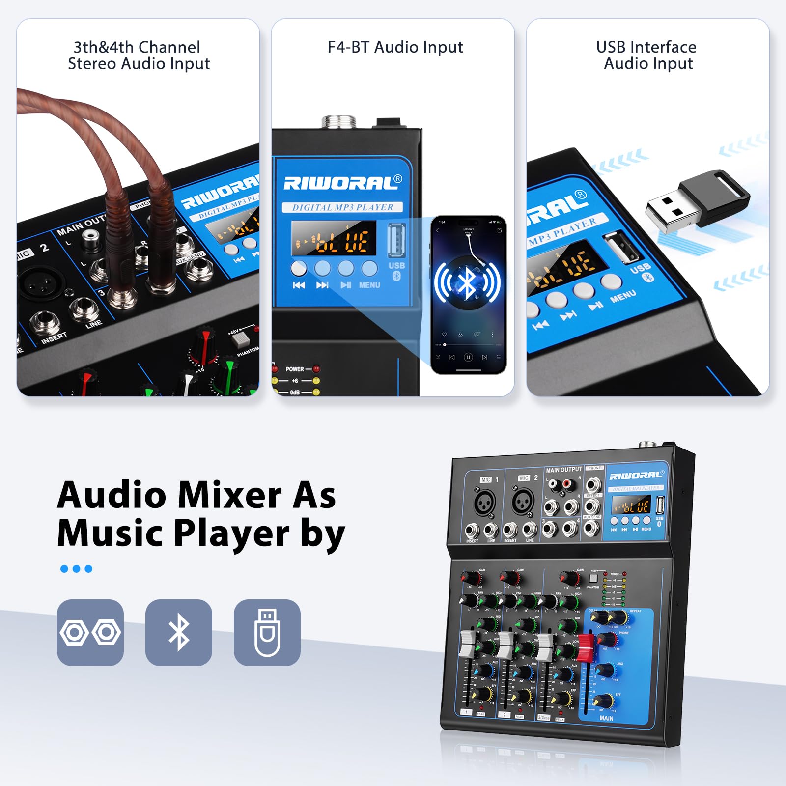 Mini Mezclador 4 Canales Profesional Con Bluetooth Y Phantom Power 48V: Ideal Para DJ, Karaoke Y Podcast