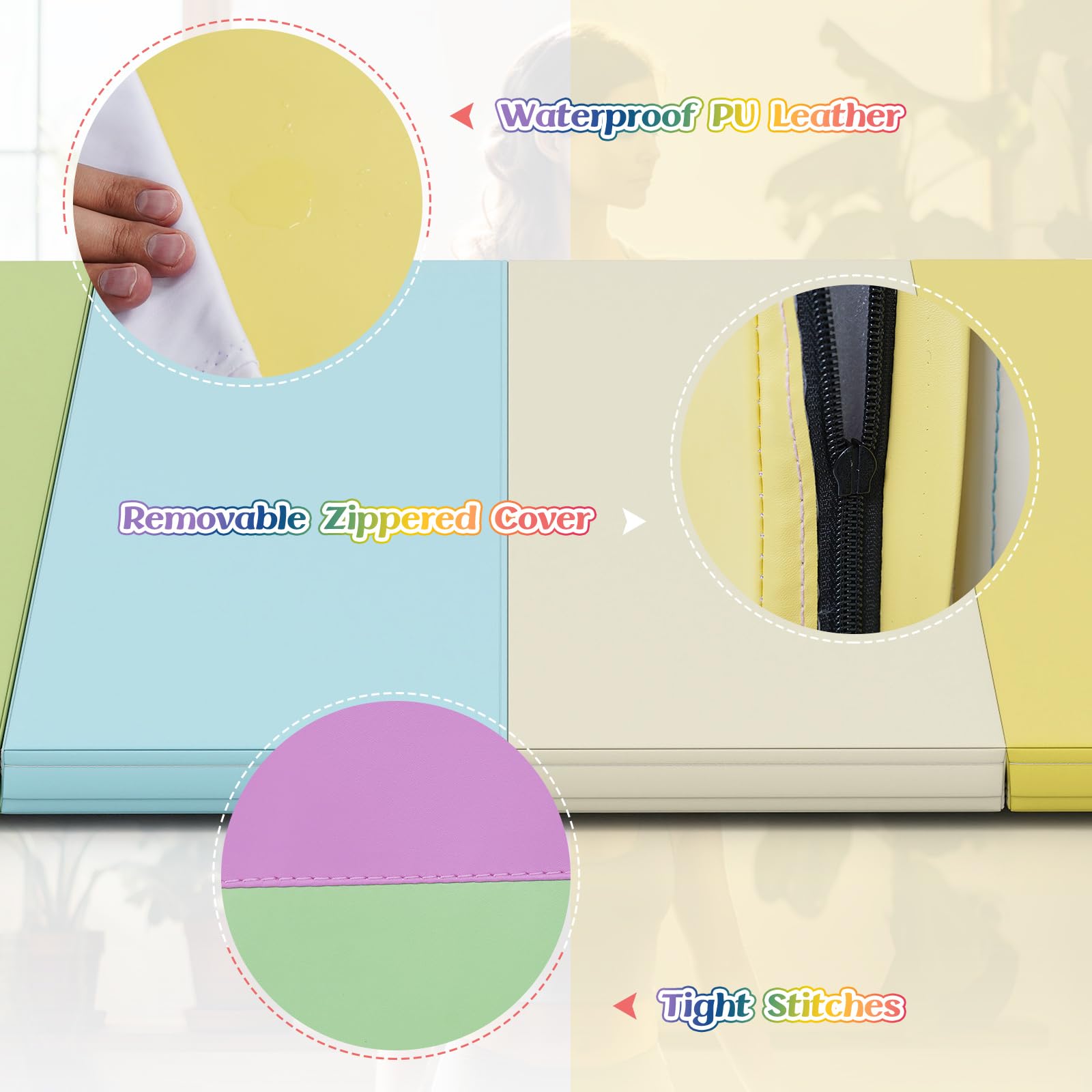 FANTASK Klappbare Weichbodenmatte, 180 x 120cm, Fitnessmatte aus PU 3 fach faltbar, Weichbodenmatte mit Tragegriff, Sportmatte Spielmatte zuhause für Kinder Erwachsene, Macaron