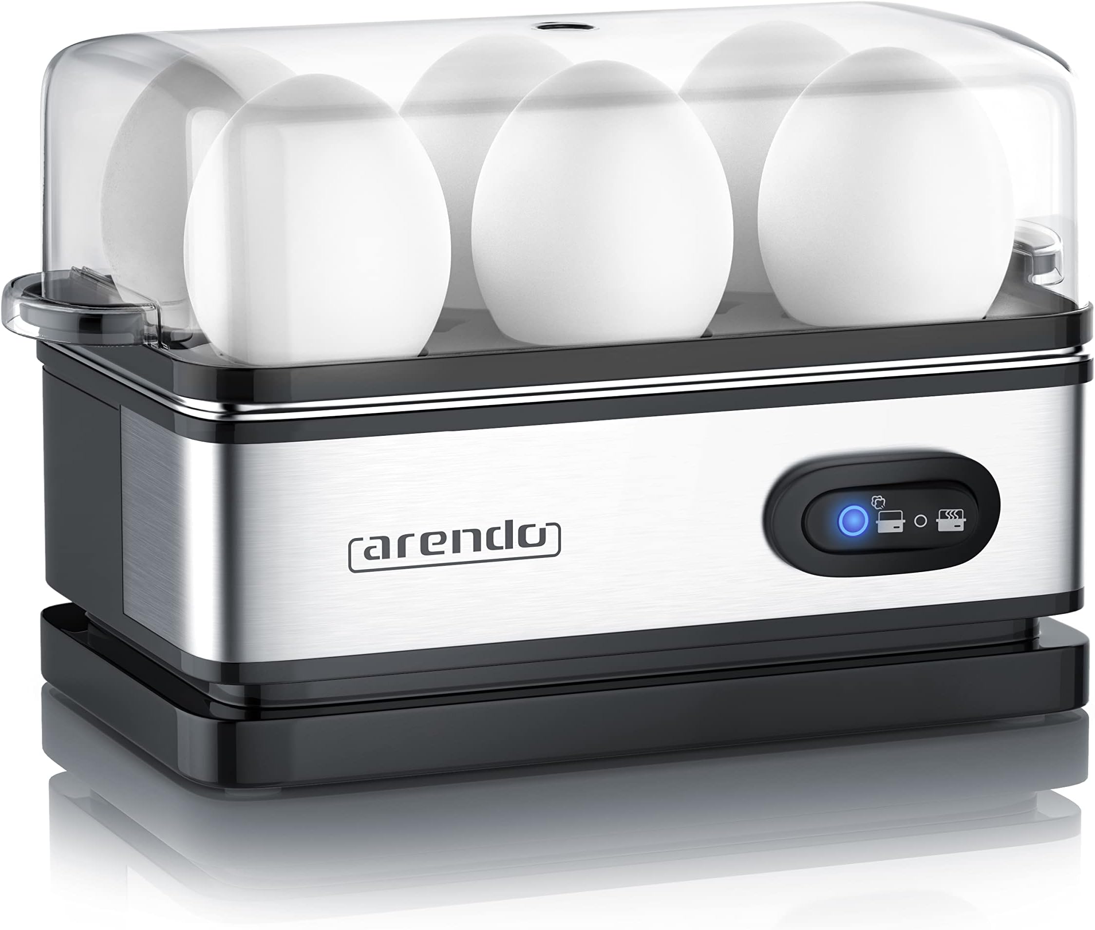 Arendo - Electric Egg Boiler - Automatic Cooker with Warming Function - 6 Egg Capacity - Indication Light - for Perfect Soft and Hard Eggs - Water Measuring Cup and Egg Piercer - Stainless Steel