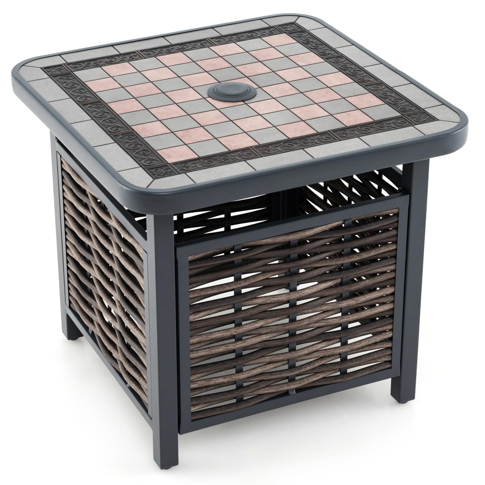 GOPLUS Polyrattan Beistelltisch, Gartentisch quadratisch mit 3,9cm Schirmloch & Schachbrettmuster, Balkontisch Bistrotisch wetterfest, Terrassentisch klein Outdoor für Garten Hof Balkon Pool