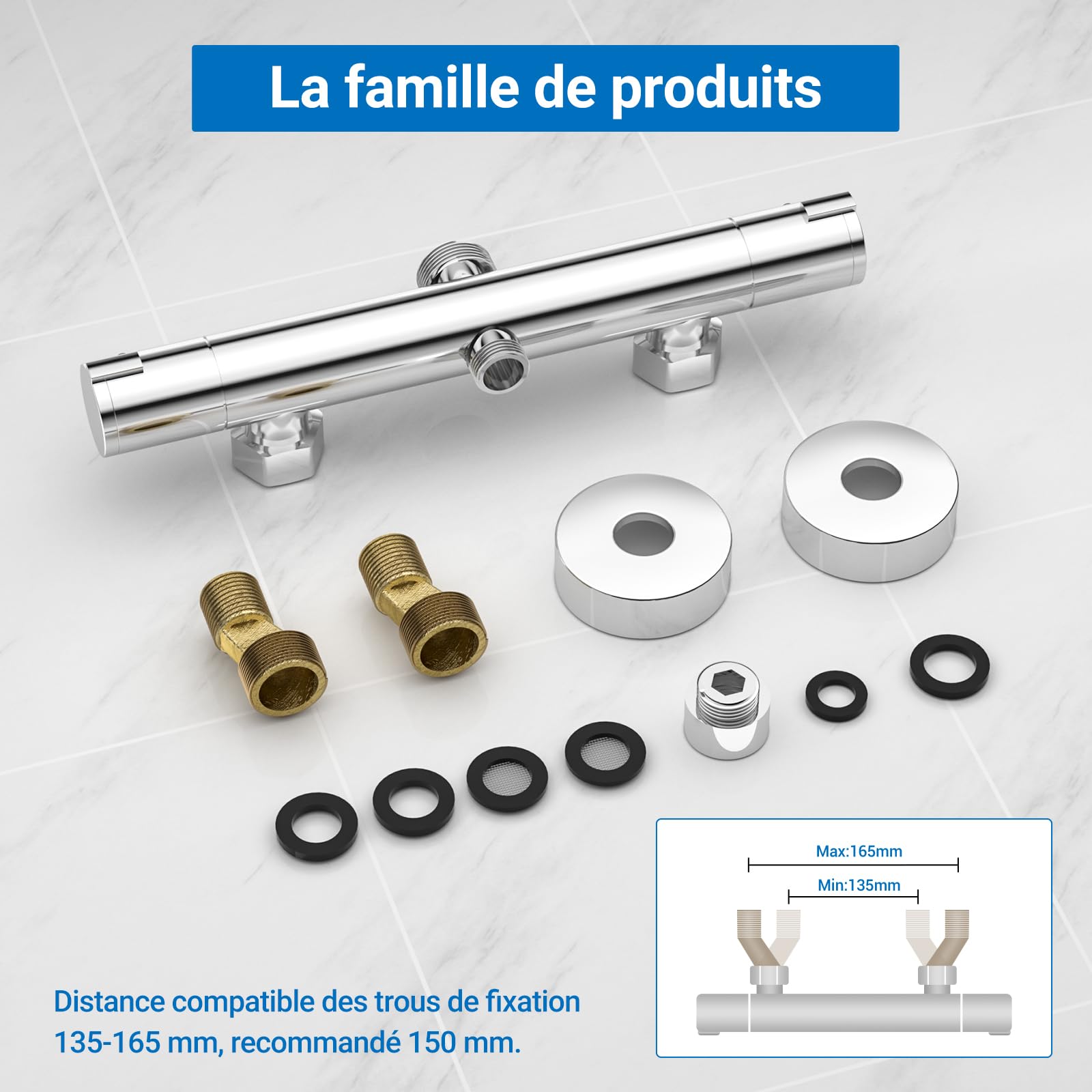 Grifo mezclador de ducha termostático con botón de seguridad 38 °C y 2 salidas altas G3/4" BSP(24 mm)+bajo G1/2" BSP(20 mm), antiquemadura, montaje en pared, latón, temperatura constante