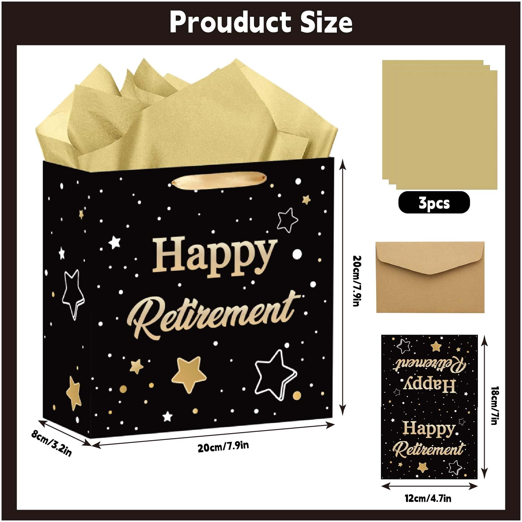 ONANNA Small Retirement Gift Bag with Tissue Paper and Greeting Card 7" Retired Gifts Wrapping Bag for Women Men Coworker Teacher, Black Gold Retirement Party Decorations Supplies