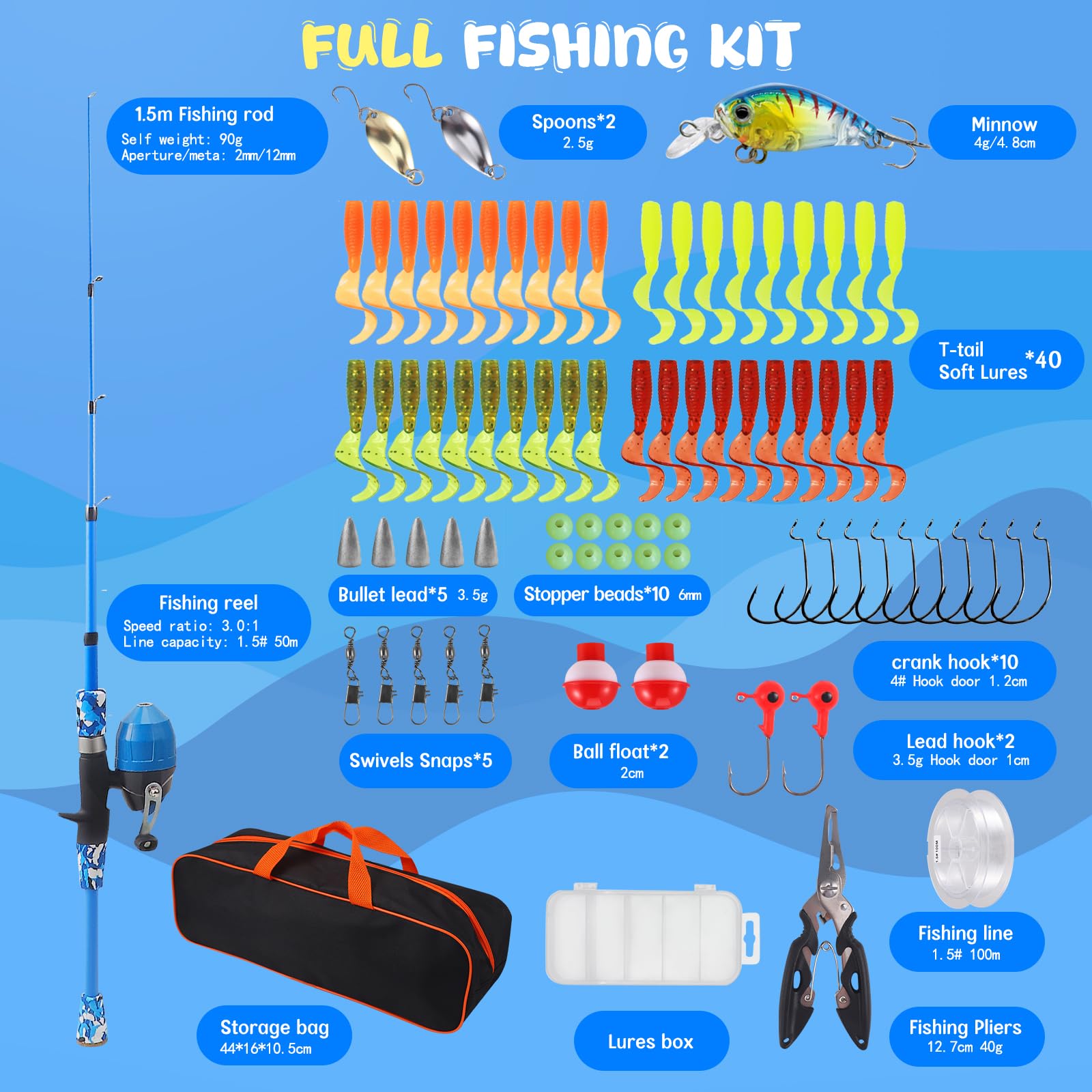 WIDDEN Canne à pêche pour enfants, canne à pêche télescopique portable pour garçons et filles, kit combiné canne à pêche et moulinet avec boîte à
