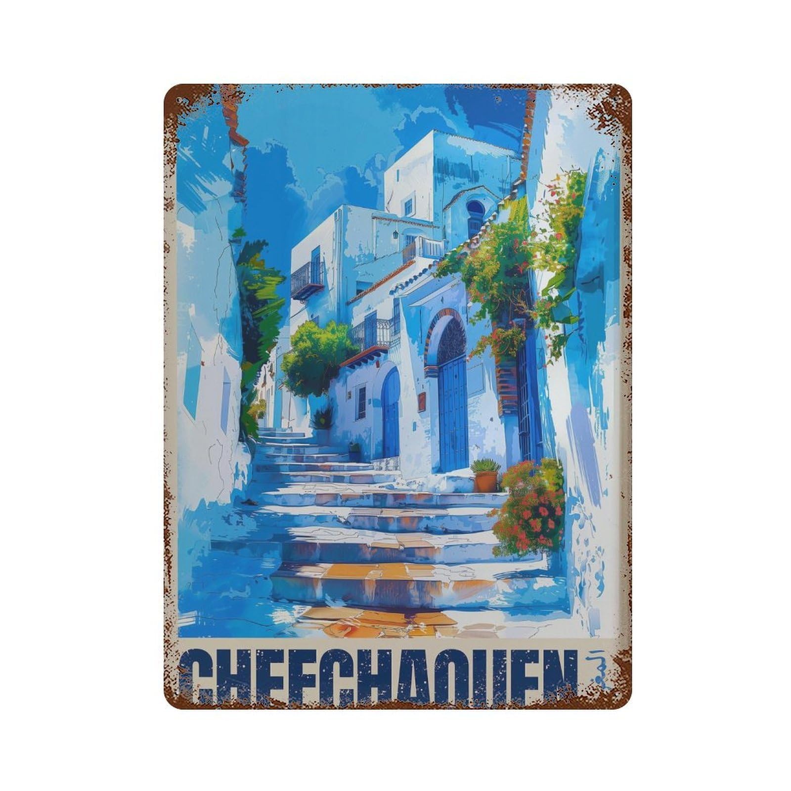 xiaoxiaoshen Chefchaouen Morocco Travel Blue City (2) Wall Decor Art Metal Tin Poster Modern Home Decor Art Home Bar Shop Decorations Vintage Sign 40x30cm
