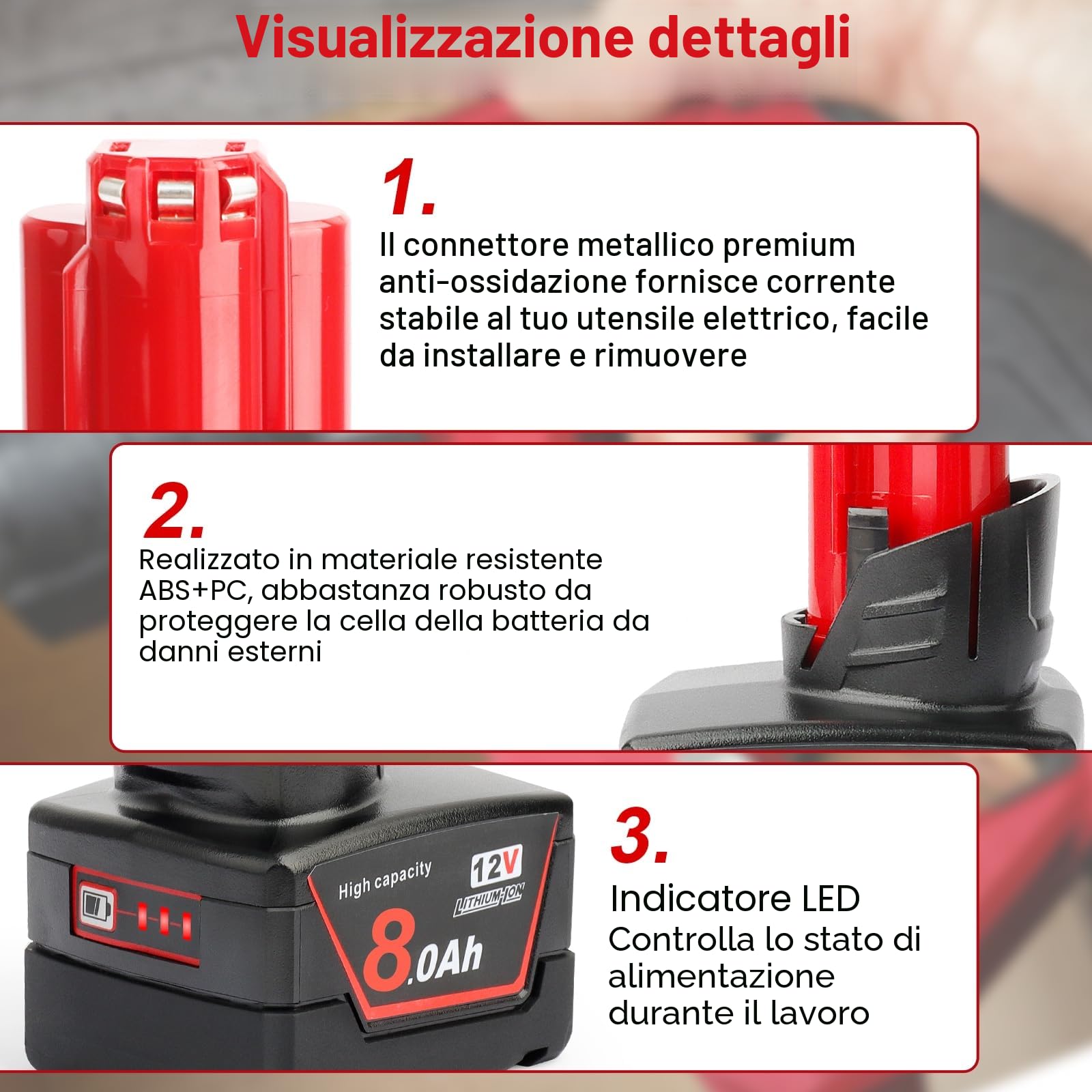 Powarobor 2x M12 12V 8.0Ah Batteria Compatibile Con Milwaukee 12V Utensili | 8000mAh,con indicatore LED,Batteria di ricambio per Milwaukee XC 48-11-2402, 48-11-2420, 48-11-2460