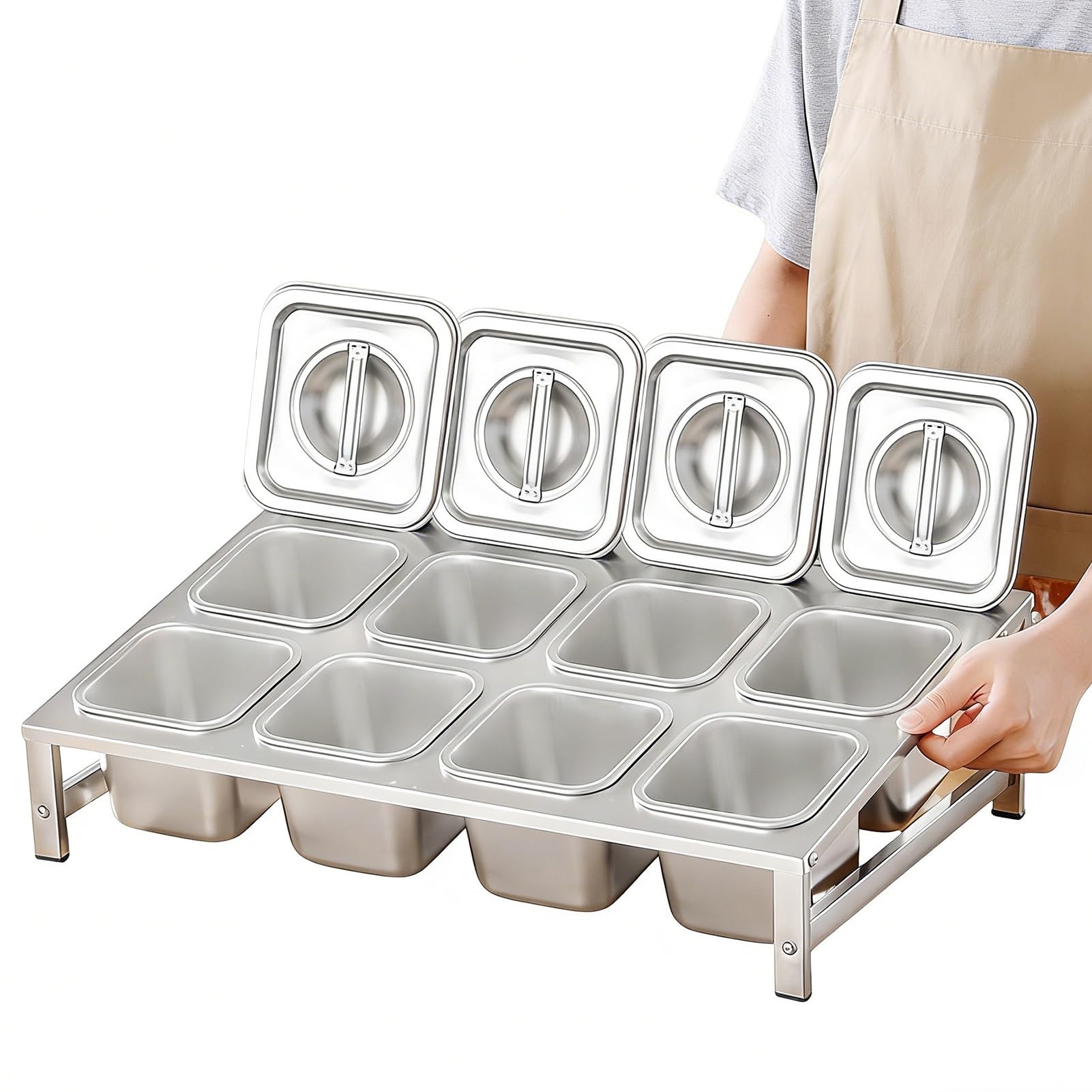 WDSOPK 2 Tier 304 Stainless Steel Pizza Topping Station with Lids & Spoons Kitchen Spice Rack Commercial Condiment Tray for Easy Access 42x34.3x9.2 15CM (With Lid 55X34.3X 9.2~15CM)
