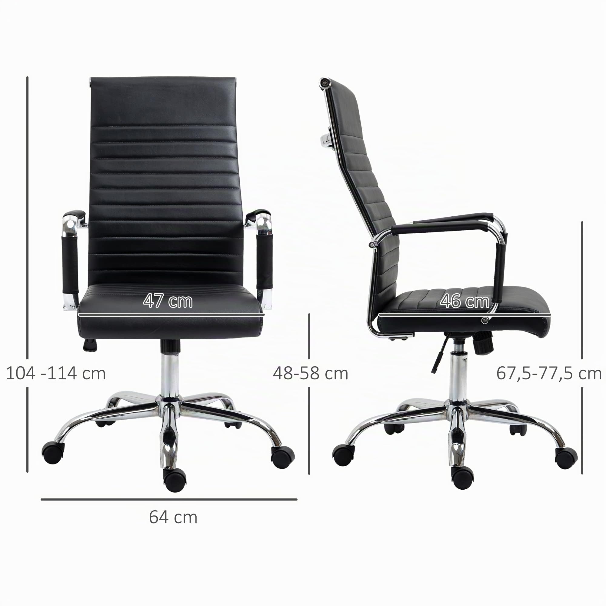 Vinsetto Silla de Escritorio Giratoria con Respaldo Alto Ruedas Negro | Silla de Oficina, Ruedas Giratorias, Altura Ajustable, Función Basculante, Reposabrazos, Tapizado en Cuero Sintético