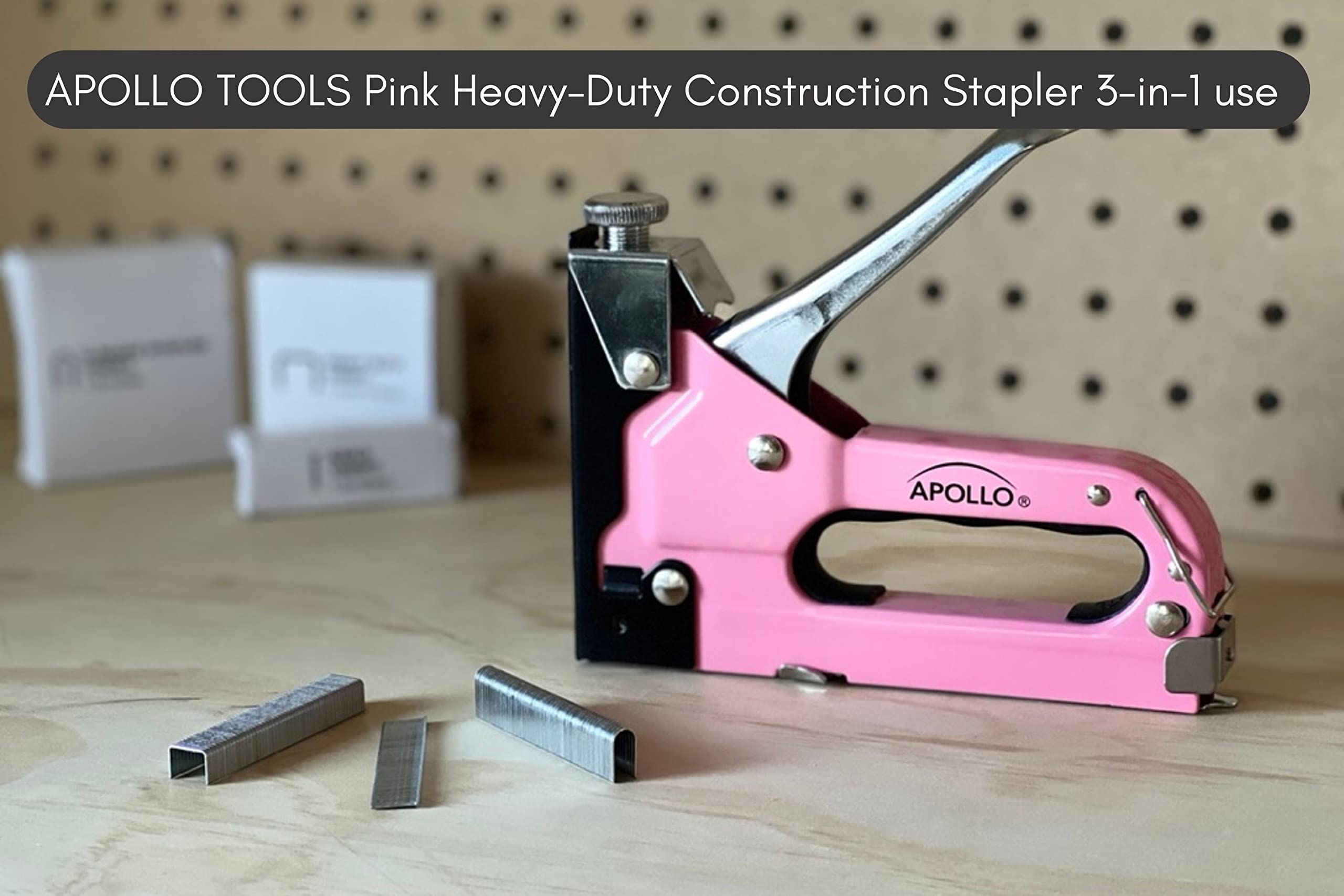 Apollo Tools DT5020P Hochleistungs-Heftgerät aus Metall mit Power-Einstellknopf. 7,6 cm 1 Verwendung für robuste Heftklammern, U-Staples und Heftnägel Wird mit 3000 Heftklammern geliefert, rosa