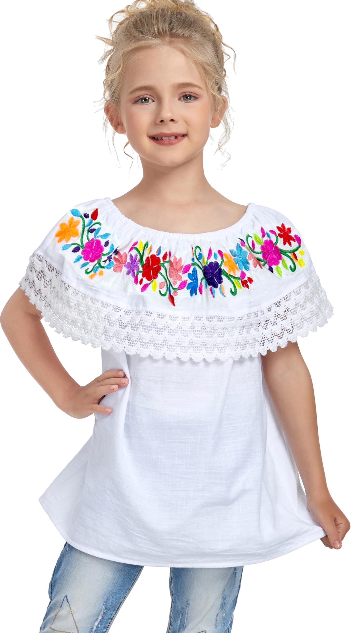 YZXDORWJ Mexican Blouse for Girls Traditional Embroidered Youth Kids Shirts Off the Shoulder Ruffle Lace Peasant Blouse
