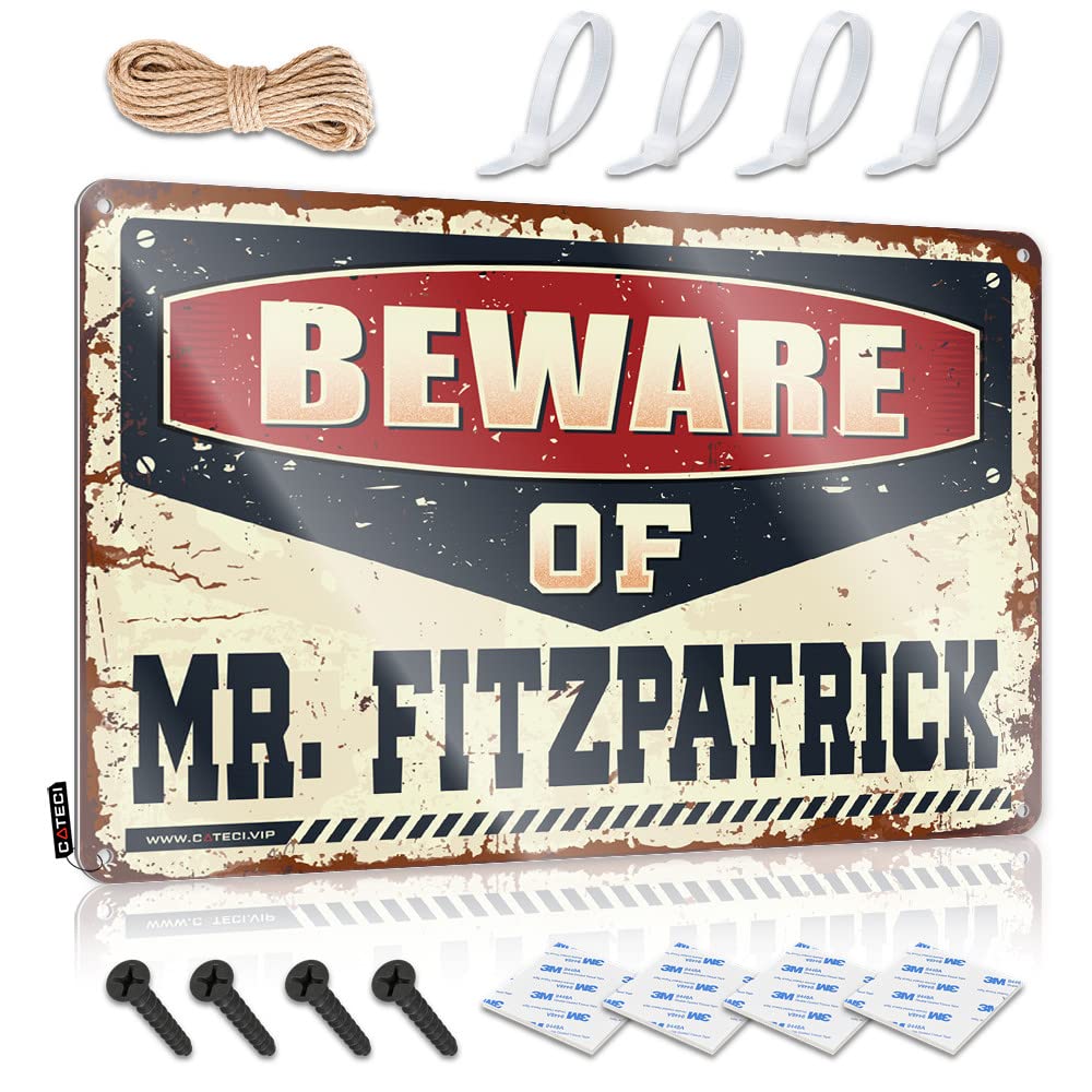 STWNVOITV Funny Camping Signs Beware Of Mr. Fitzpatrick Tin Sign Man Cave Sign Metal Sign Tin Signs For Man Cave(20X30CM)