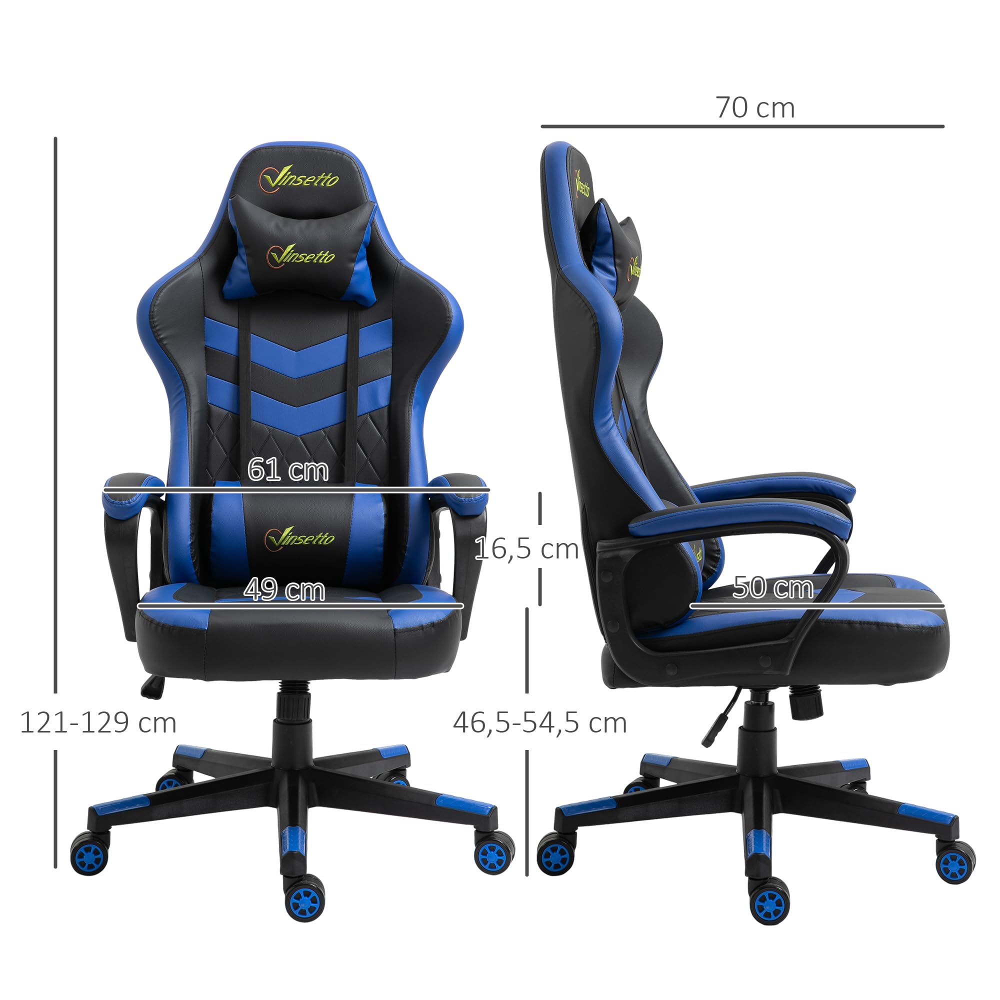 Vinsetto Silla Gaming Basculante Silla Gamer Altura Regulable con Reposacabezas y Cojín Lumbar para Salón Dormitorio Carga 120 kg 61x70x121-129 cm Azul