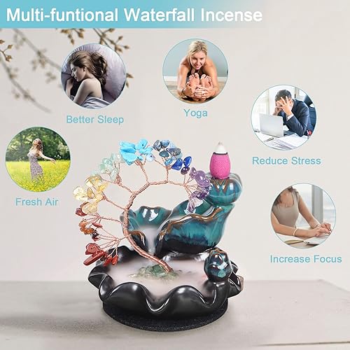 Miniatura 5 de Quemador de incienso, soporte de incienso de cerámica de reflujo, 7 chakras de cristal curativo de cascada de incienso con 20 conos de incienso de