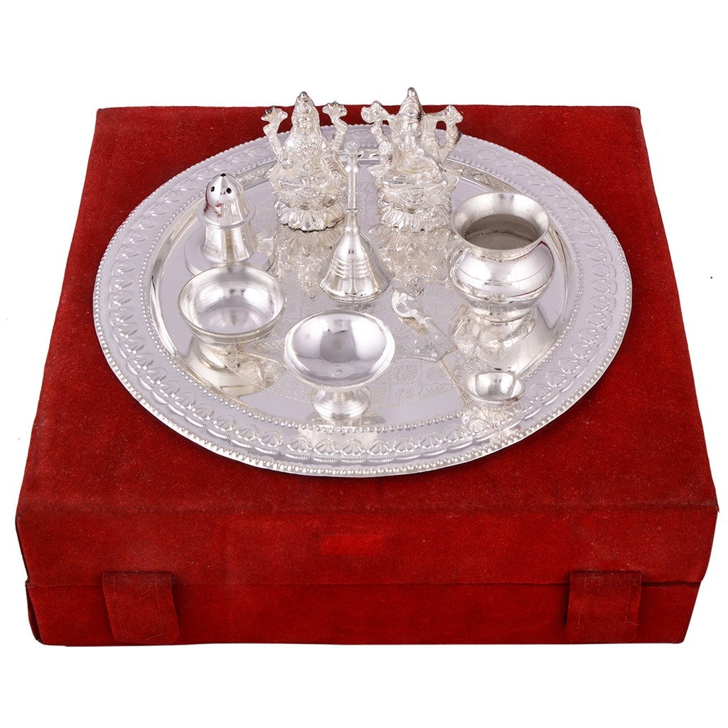 GS Museum Silver Plated Royal Pooja Thali Set with Ganesh Laksmi(28Cmx8Cmx28Cm)