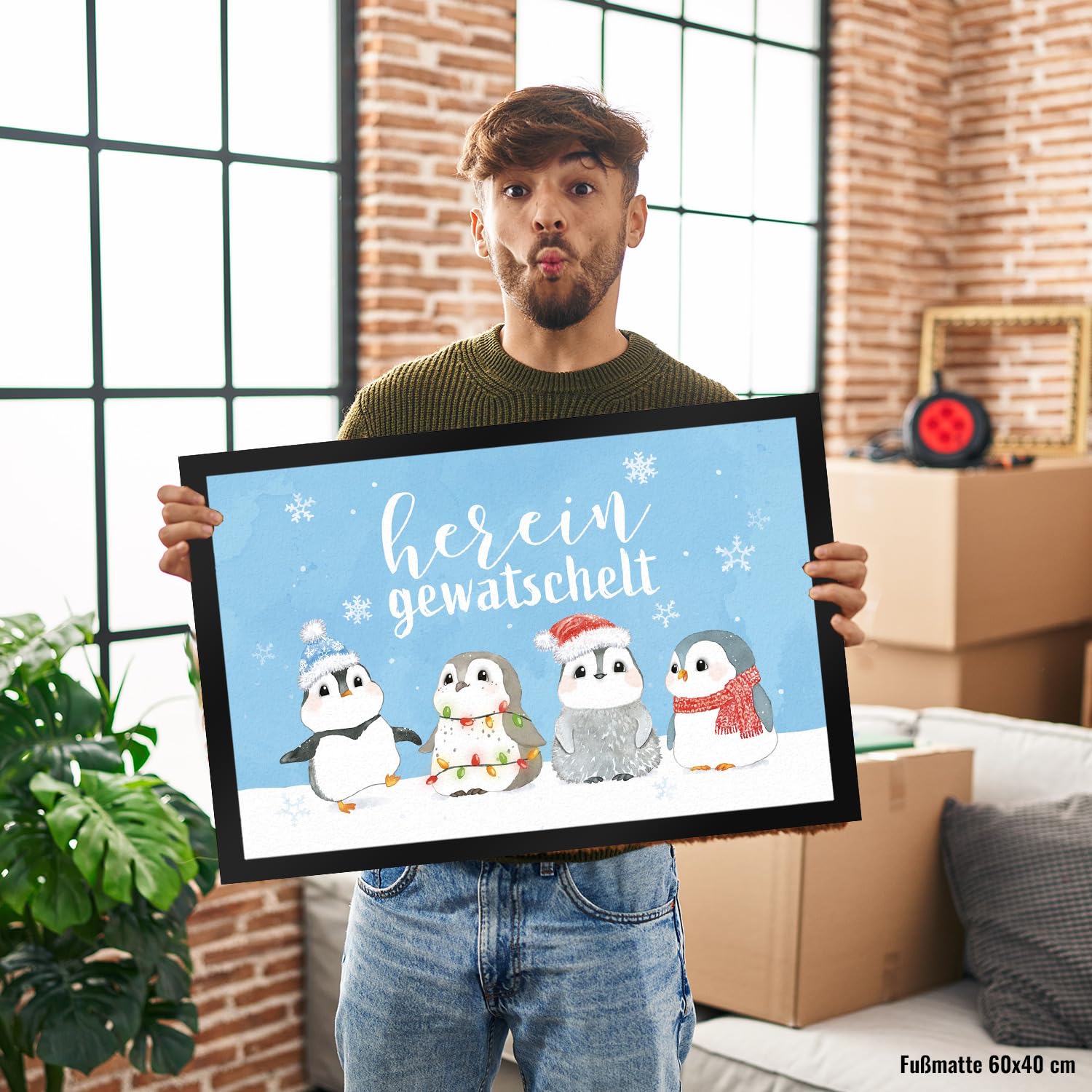 speecheese Pinguin Familie Fußmatte XXL in 50x75 cm mit Spruch Hereingewatschelt eine weihnachtlicher Türvorleger Motiv für Frauen winterliche Fußabtreter