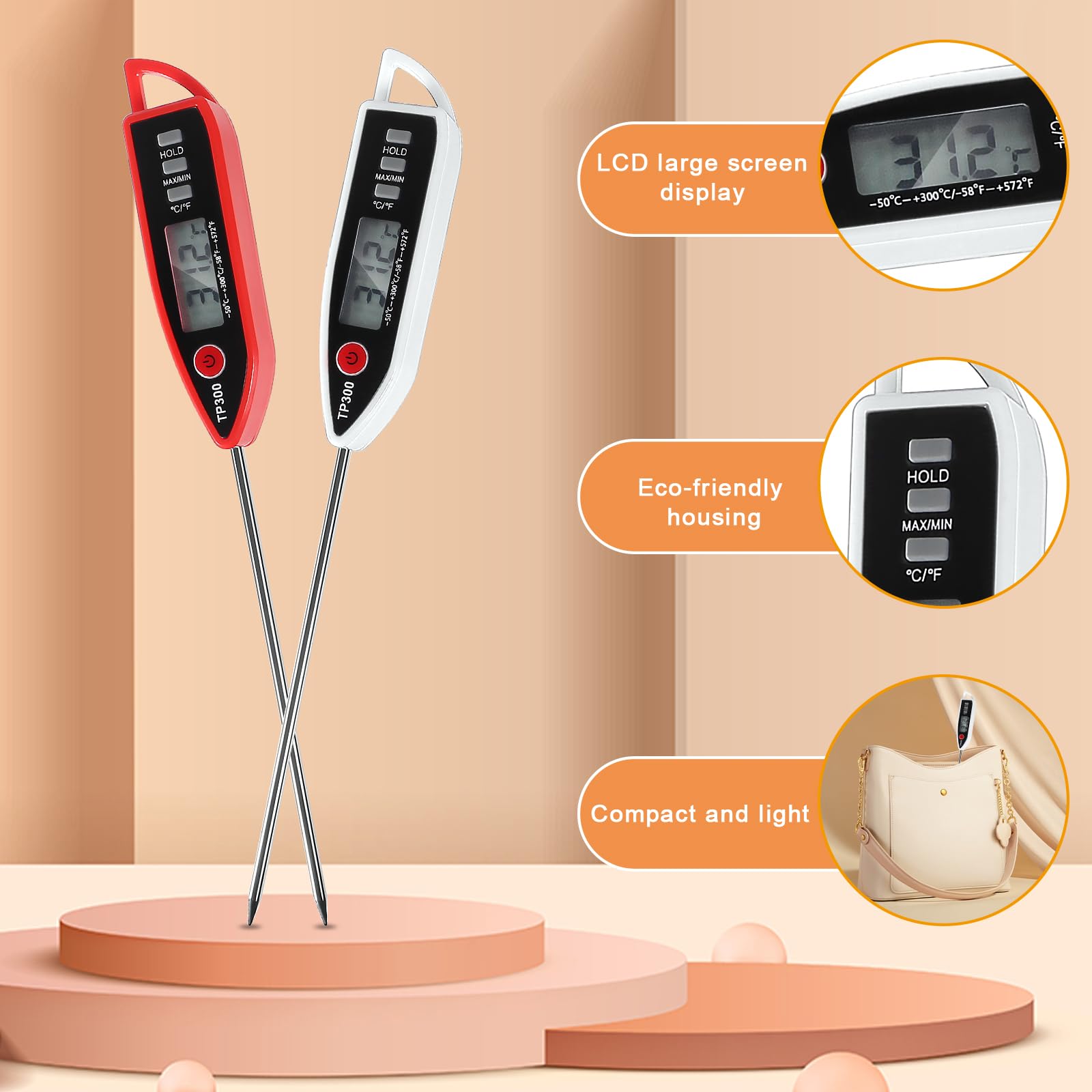 ALMOCN 2PCS Food Thermometer Waterproof Instant Read Thermometer Digital Meat Thermometer for Kitchen Cooking Liquid Candle Grill, Red+White