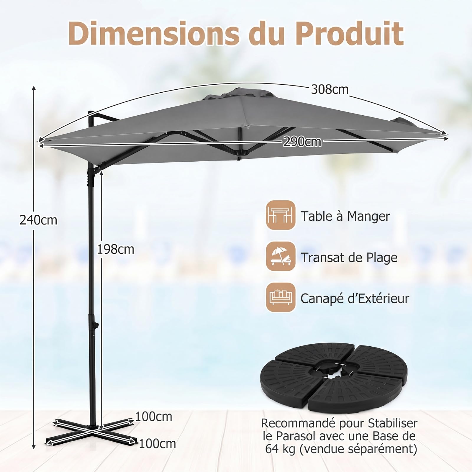 COSTWAY Parasol Déporté Hexagonale à Pied, Hauteur 240 CM (Gris)