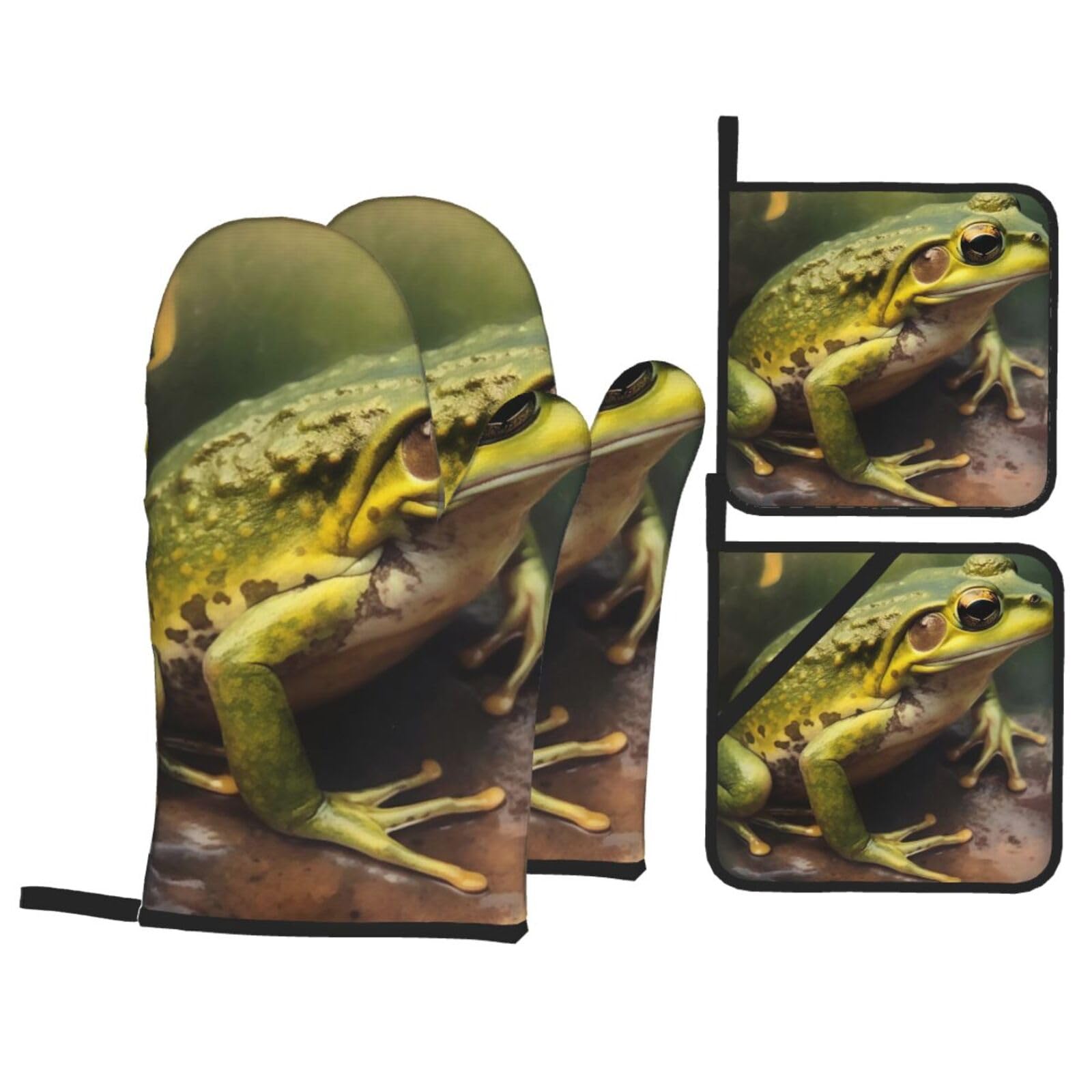 Oven Mitts and Pot Holders Set of 4 Heat Resistant Non-Slip Kitchen Gloves Hot Pads Frog on Stone Oven Mitts Kitchen Mittens Gloves Non-Slip Potholders for Cooking Baking Grilling BBQ