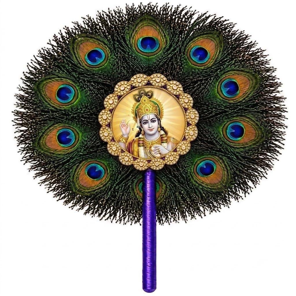 Shree Vishnu Ji Faux mor pankh Chamar Decorative Fan | Peacock Feather Mandir Decoration | Bhagwan Pooja Decor | Religious Temple Home Decor | Premium Faux mor pankh-image-12