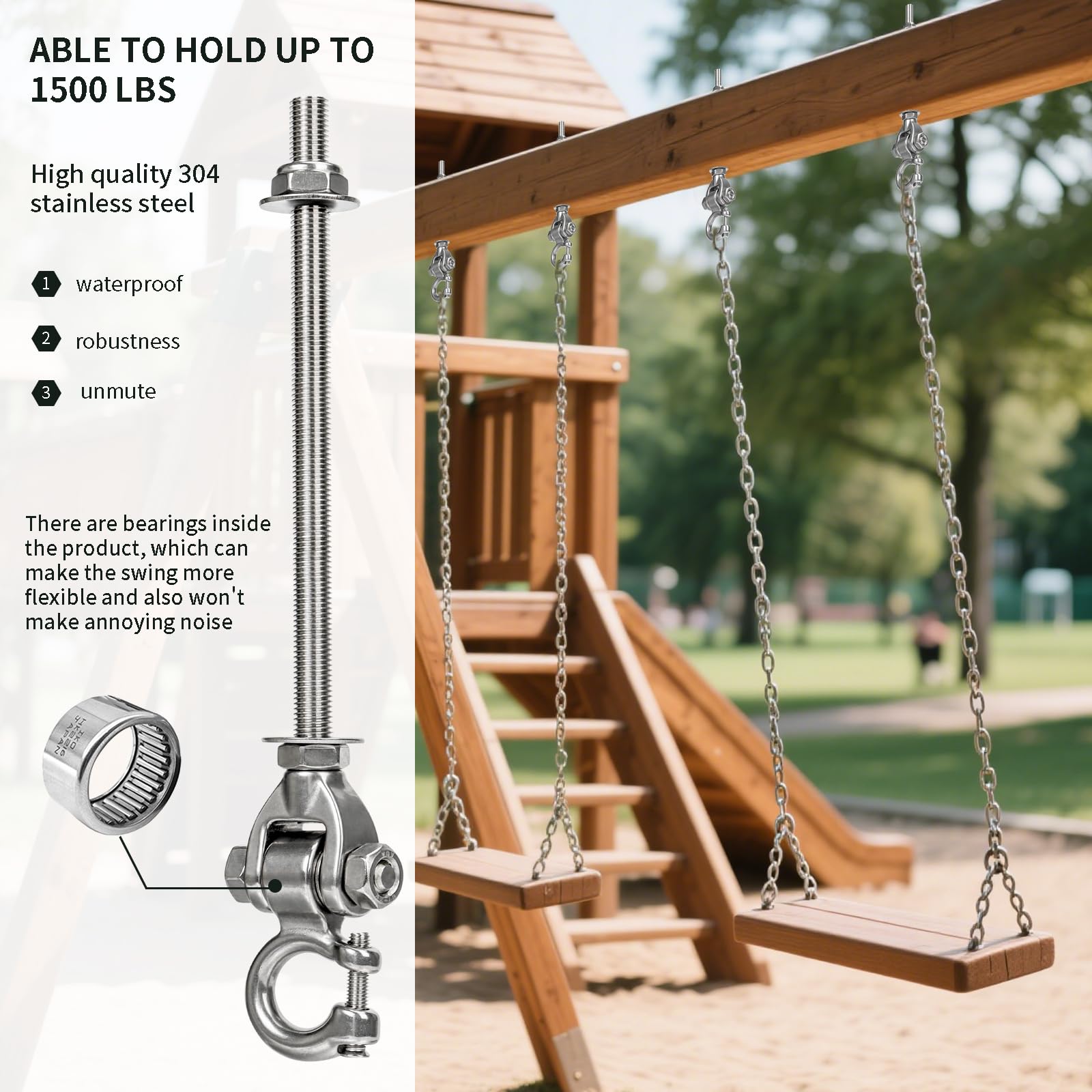 4 ganci per altalena, per travi in legno M10, in acciaio inox, fissaggio con cuscinetto, soffitto in cemento, poltrona sospesa per parco giochi, veranda, altalena, portata 675 kg