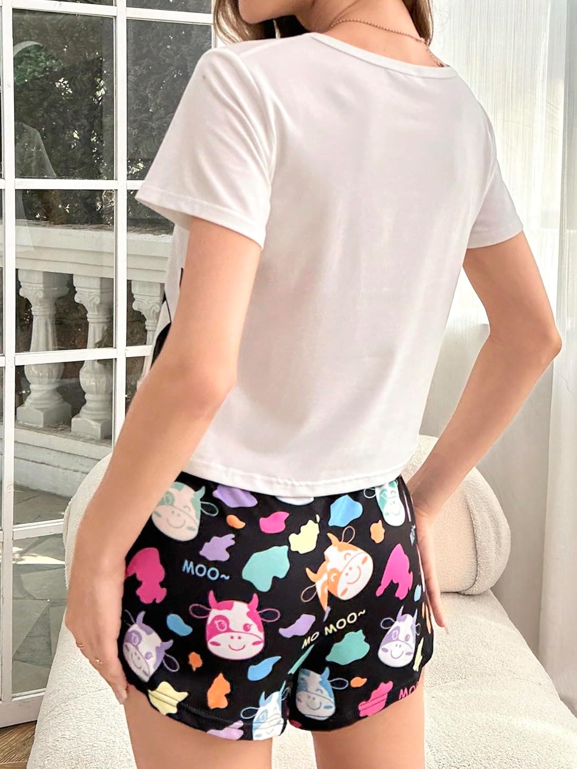 WDIRARA Women's Sleepwear Cartoon Cow Print Short Sleeve Tee and Knot Shorts Pajama Set - Image 2