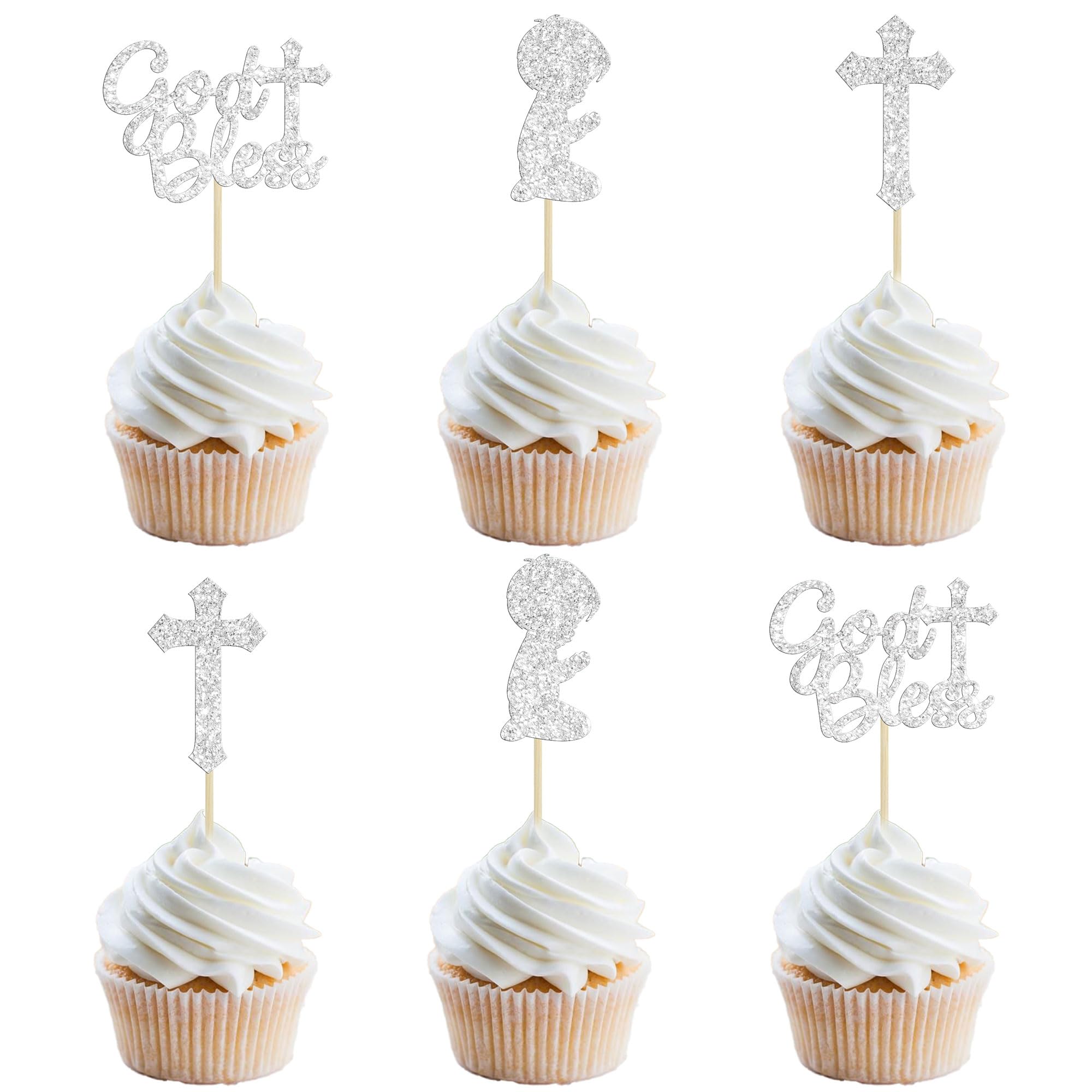 Gyufise 24Pcs Glitter Boy God Bless and Baptism Cupcake Toppers Cross Babyshower Cupcake Picks for Christian Party Decoration Supplies Silver