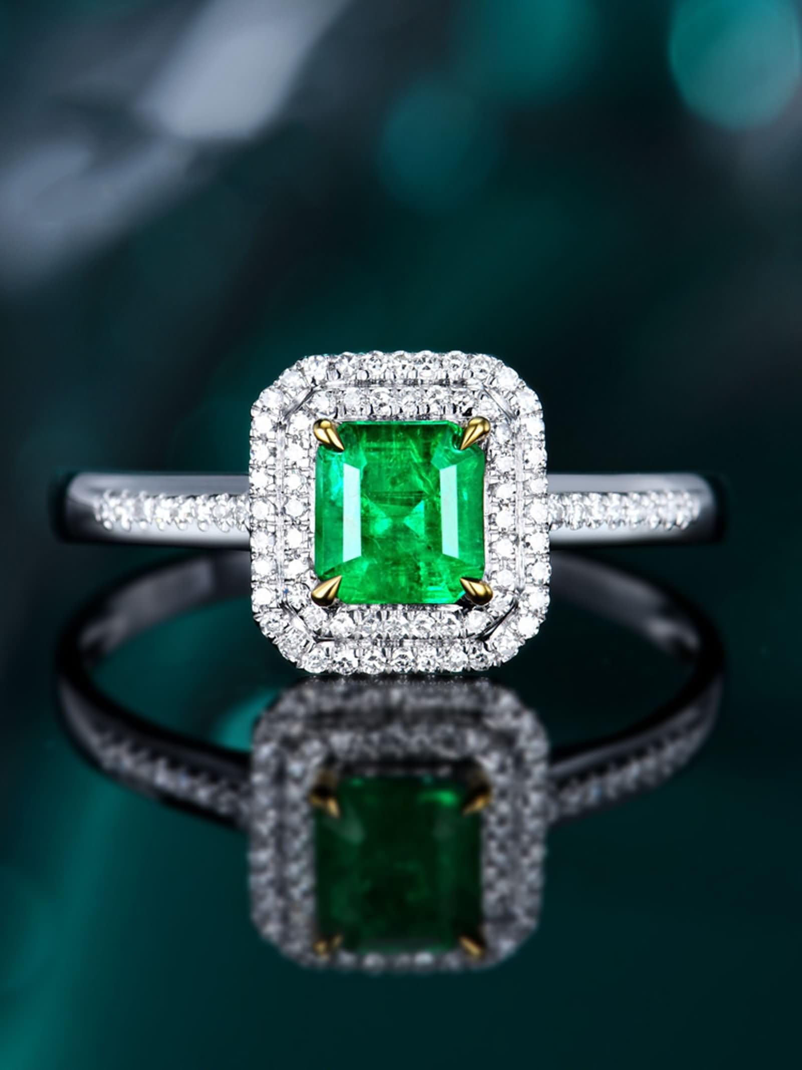 Donna Anelli Fedi Nuziali in Oro Bianco 9 Kt / 14 Kt / 18 Kt, 4 Griffe Quadrato con Smeraldo da 0,65ct e Diamante, Anelli Fedina di Verde Argento Donna