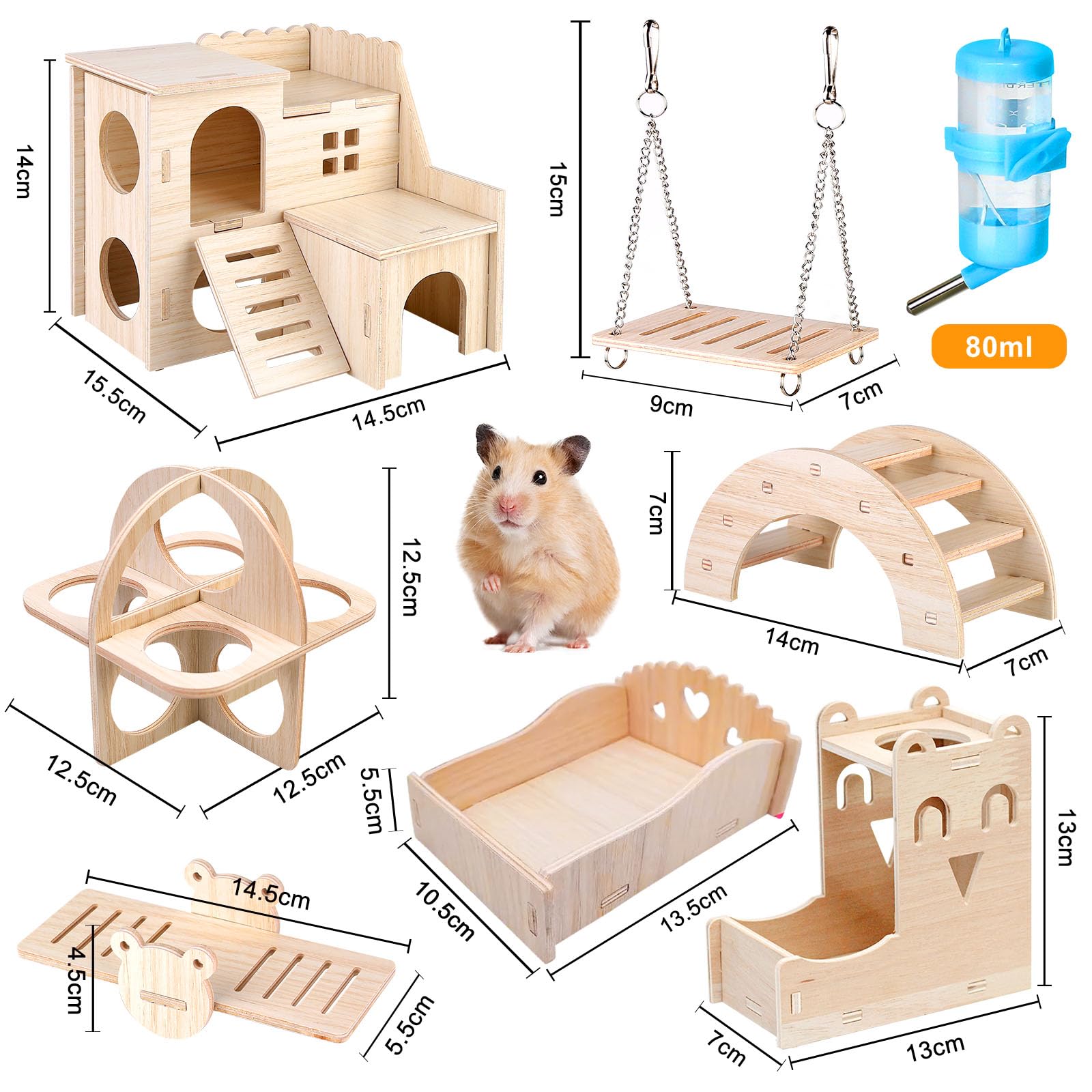 Juguetes de madera para hámster, 8 piezas DIY, juguete para masticar, escondite, casa, puente, columpio, entrenamiento, accesorios para jaula