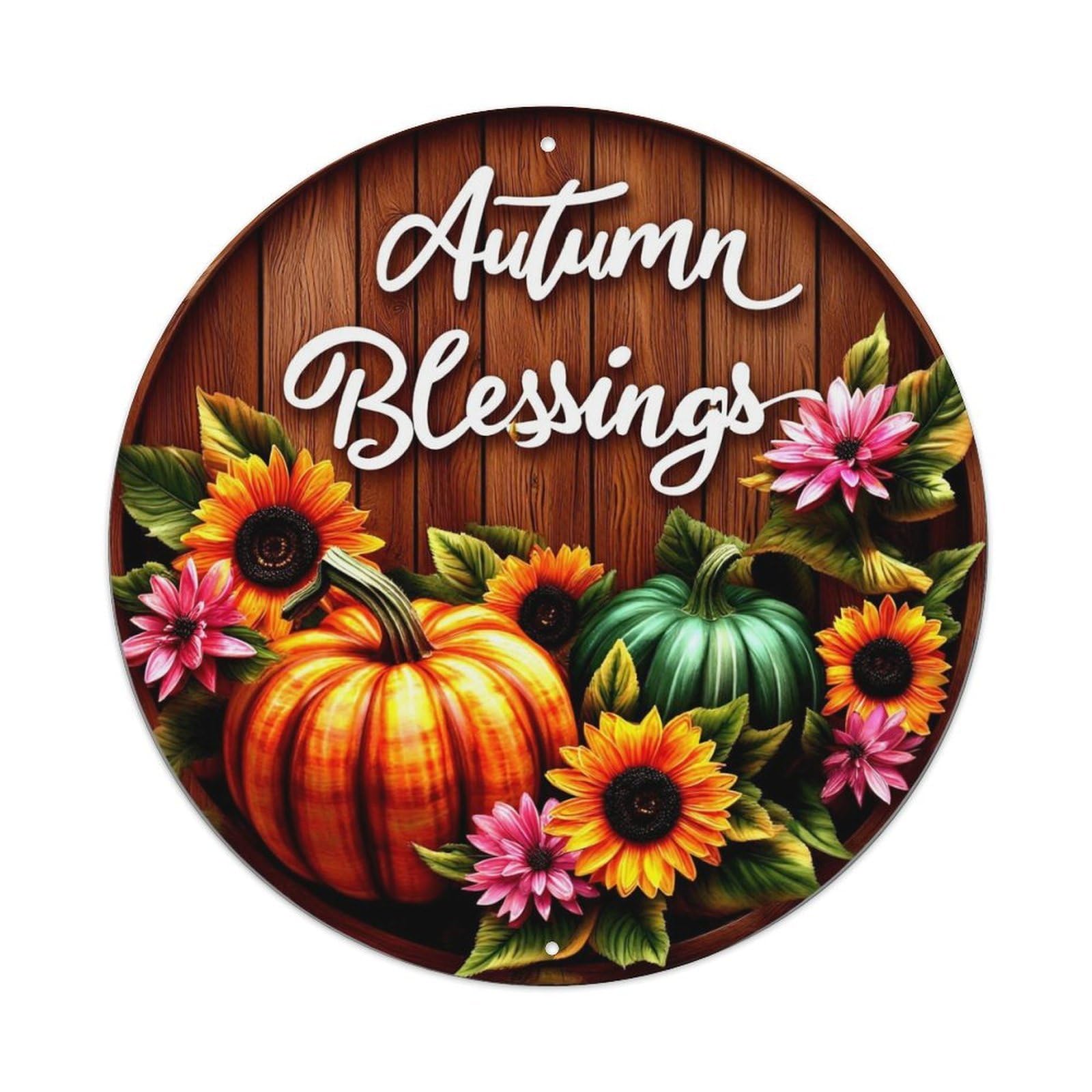 Autumn Blessings Pumpkin Sunflower Flower Retro Metal Sign Round Tin Sign, Vintage Decor Art Poster for Bar, Home, Man Cave, Kitchen, Laundry Room Gift 8x8Inch