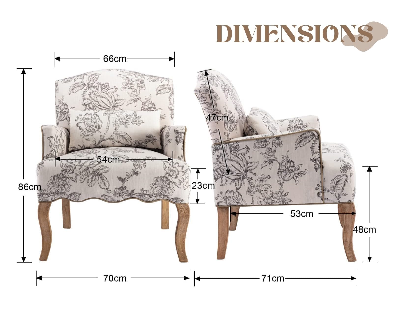 chairus Chaise Longue Rembourré en Lin Rétro Canapé Fauteuil à Imprimé avec Pieds en Bois Chaise de Loisirs pour Balcon Salon (Beige)